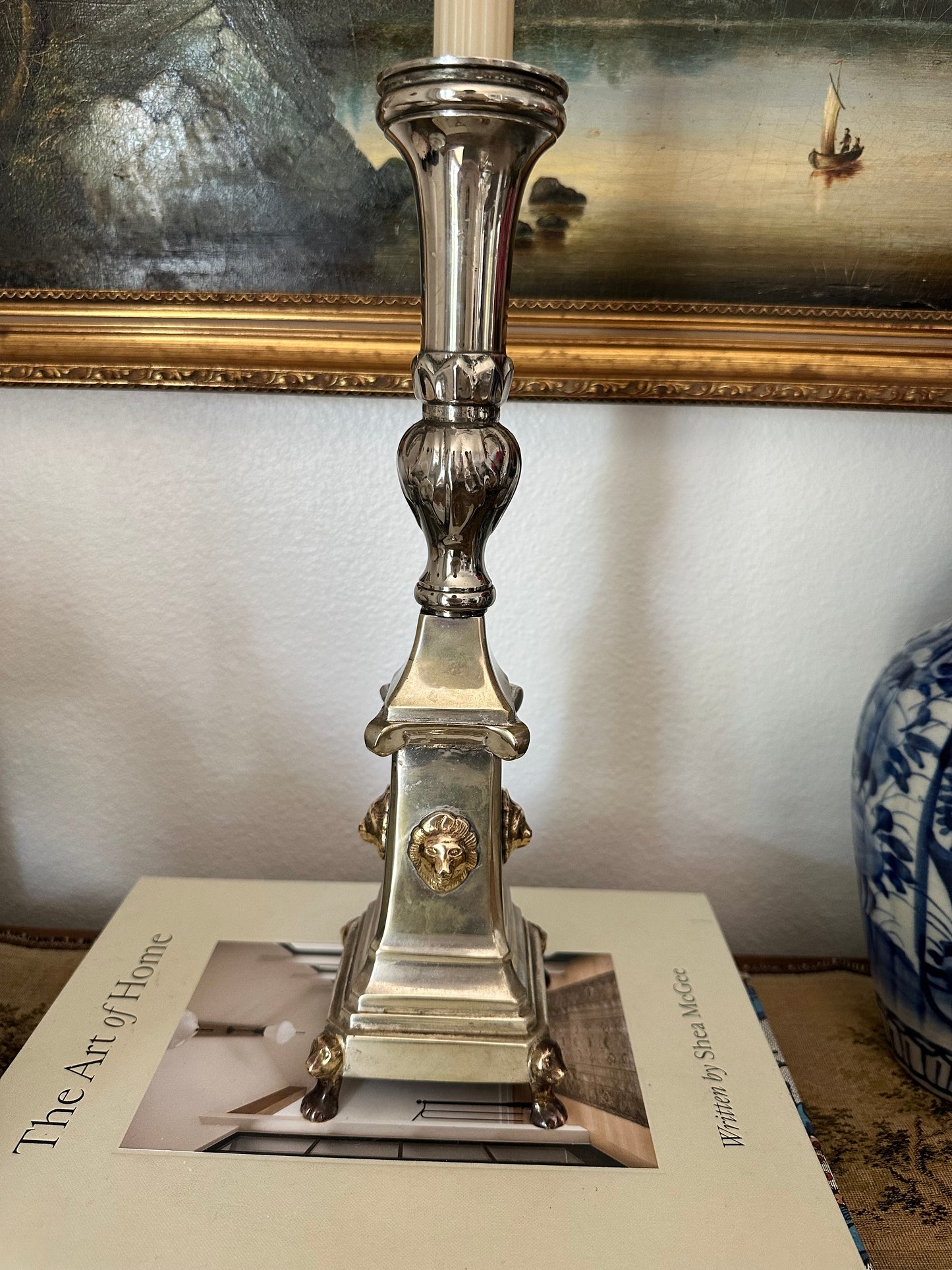 Early 20th Century Silver Plate Candlestick with Lions