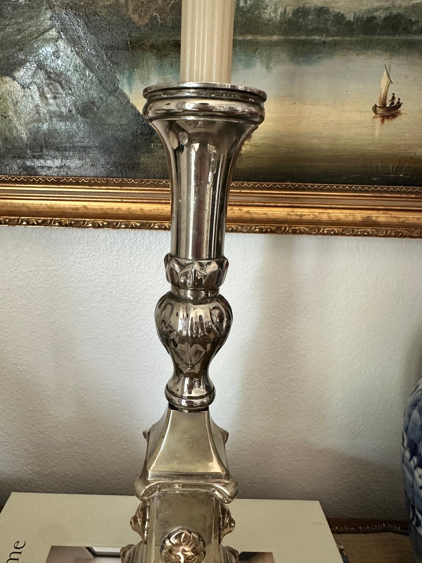 Early 20th Century Silver Plate Candlestick with Lions
