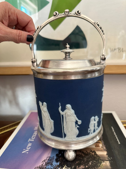 Antique Wedgwood Jasperware Biscuit Barrel, Cobalt Blue
