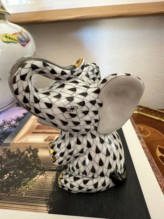 Herend Hungary Hand-Painted Baby Elephant Figurine - Black & White Fishnet