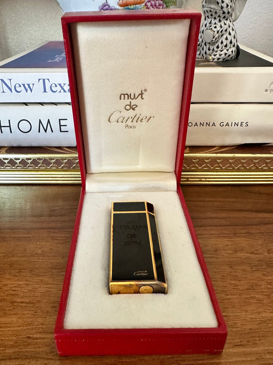 Vintage Must de Cartier Black Lacquer Lighter with Box