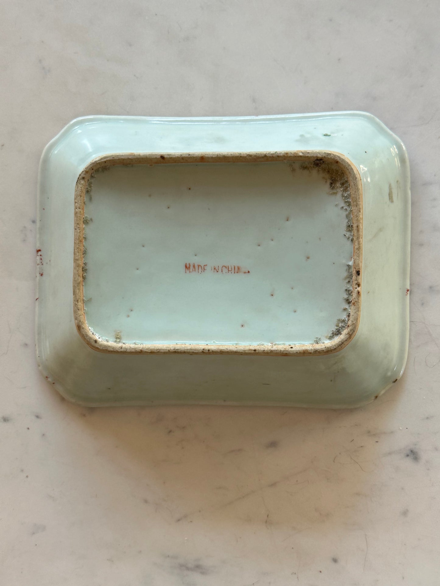 Vintage Chinese Rose Canton Porcelain Dish with Celadon Glaze, 9" x 7"