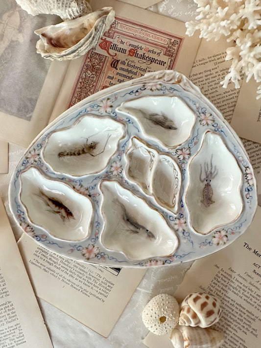 Vintage Hand-Painted Porcelain Oyster Plate with Marine Life