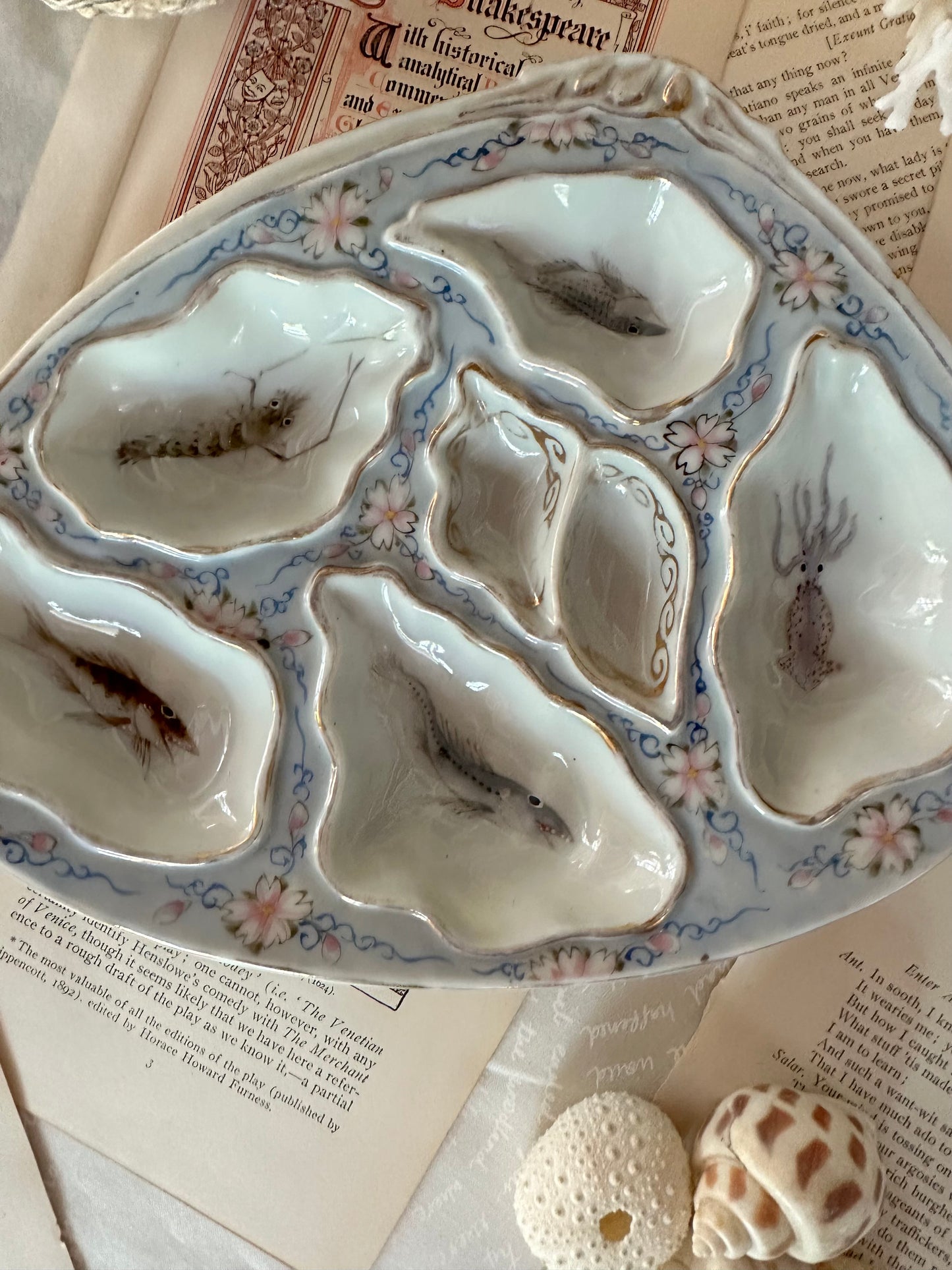 Vintage Hand-Painted Porcelain Oyster Plate with Marine Life