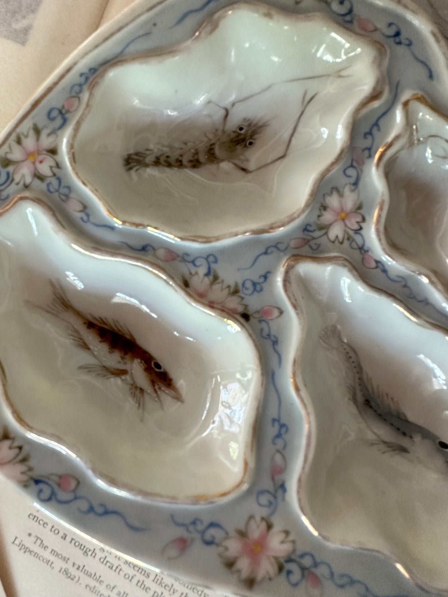 Vintage Hand-Painted Porcelain Oyster Plate with Marine Life