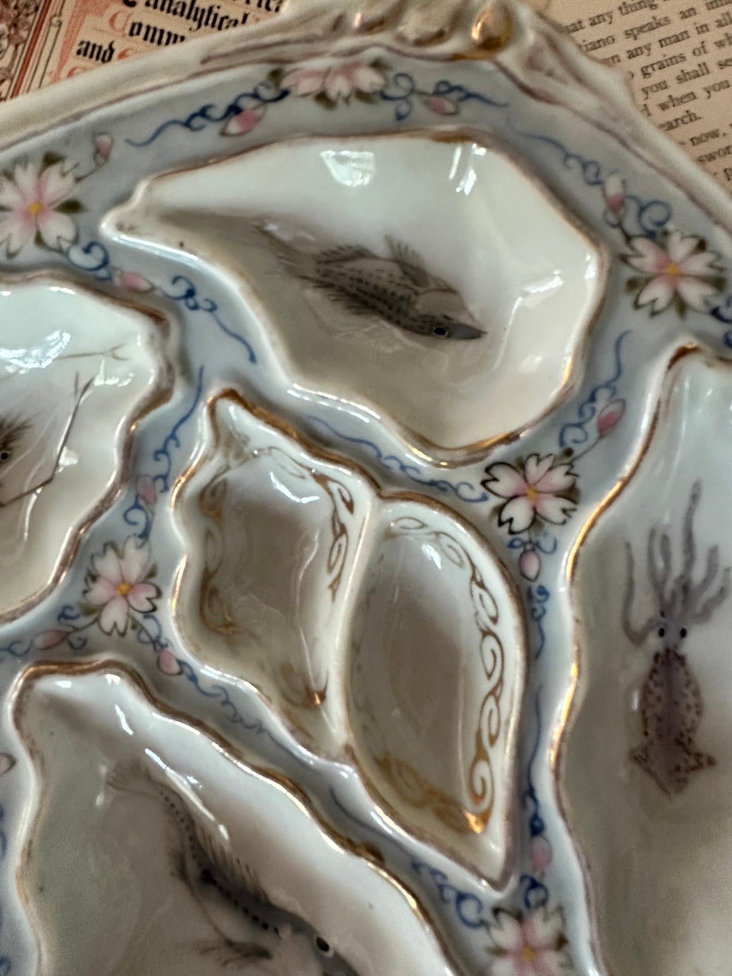 Vintage Hand-Painted Porcelain Oyster Plate with Marine Life