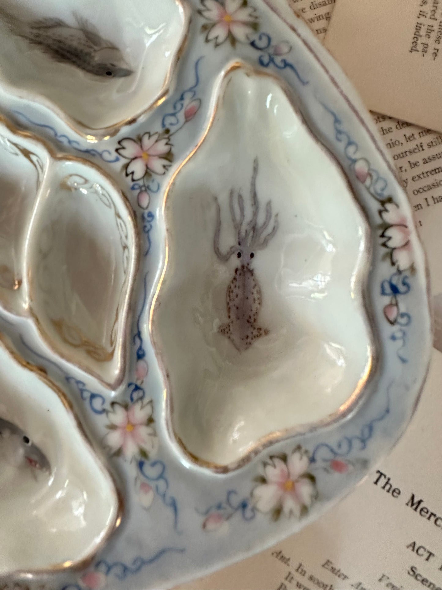 Vintage Hand-Painted Porcelain Oyster Plate with Marine Life