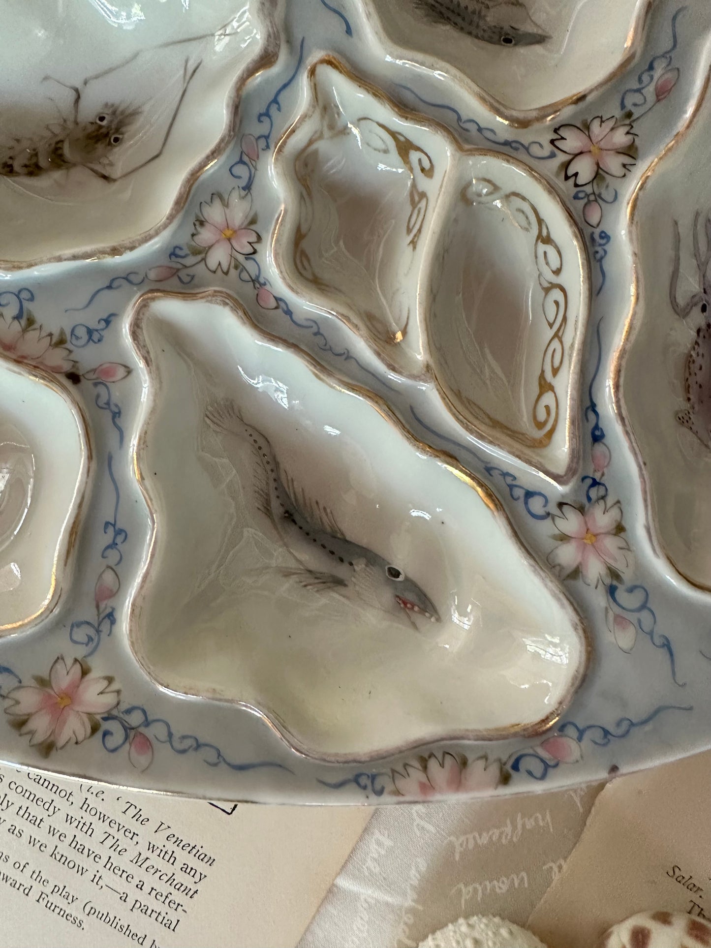 Vintage Hand-Painted Porcelain Oyster Plate with Marine Life