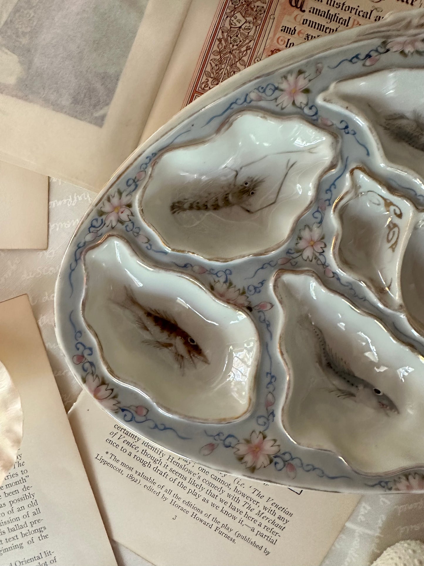 Vintage Hand-Painted Porcelain Oyster Plate with Marine Life