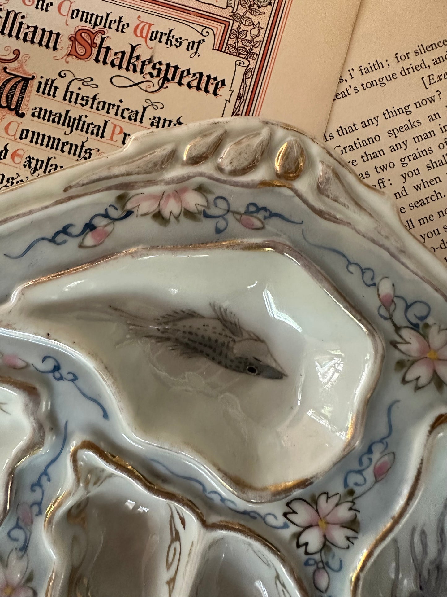 Vintage Hand-Painted Porcelain Oyster Plate with Marine Life