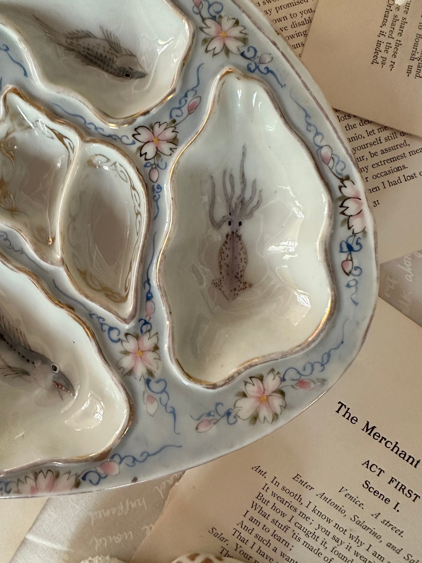 Vintage Hand-Painted Porcelain Oyster Plate with Marine Life