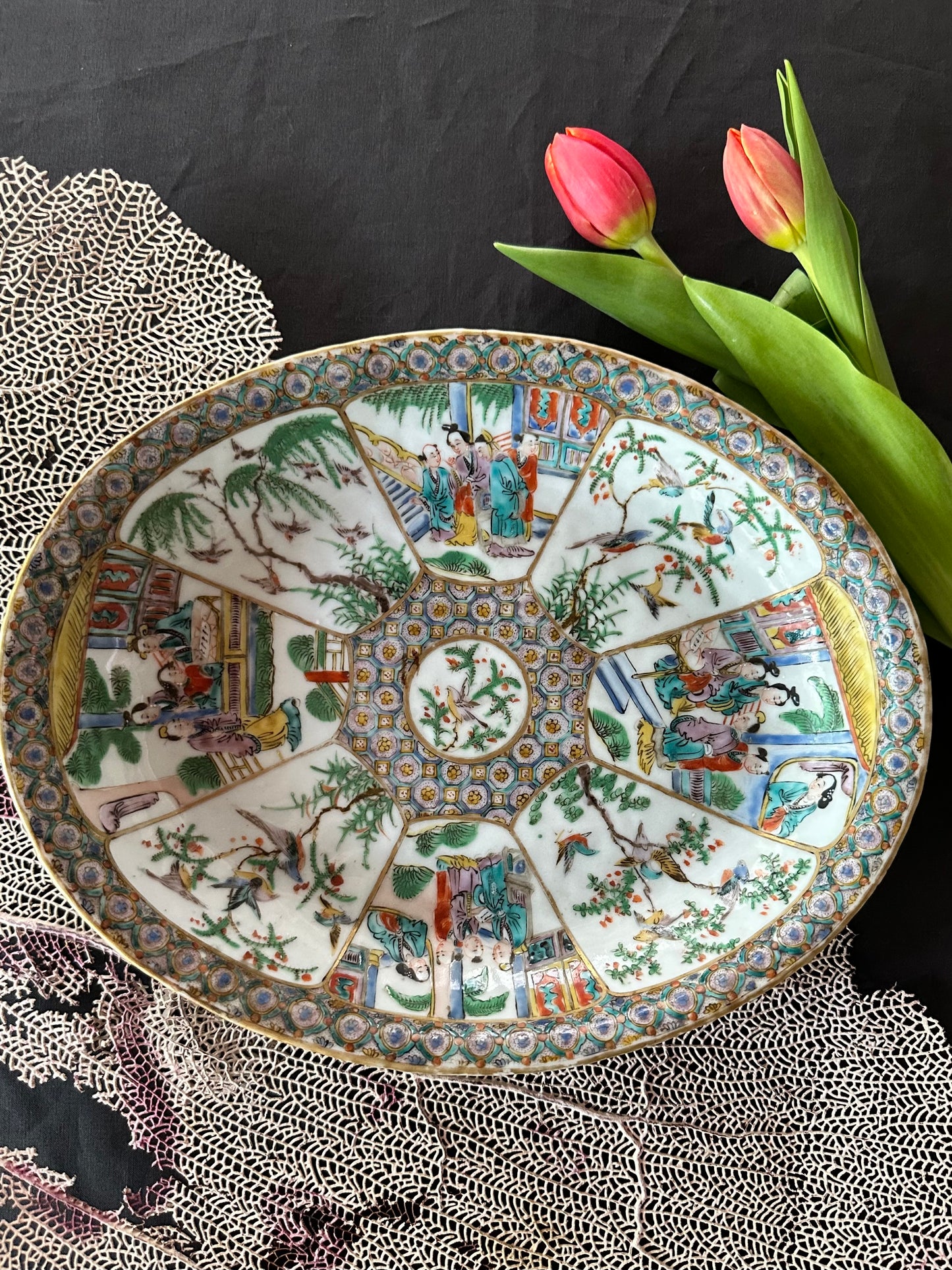 19th Century Antique Chinese Famille Verte Canton Oval Platter | 11" x 9"