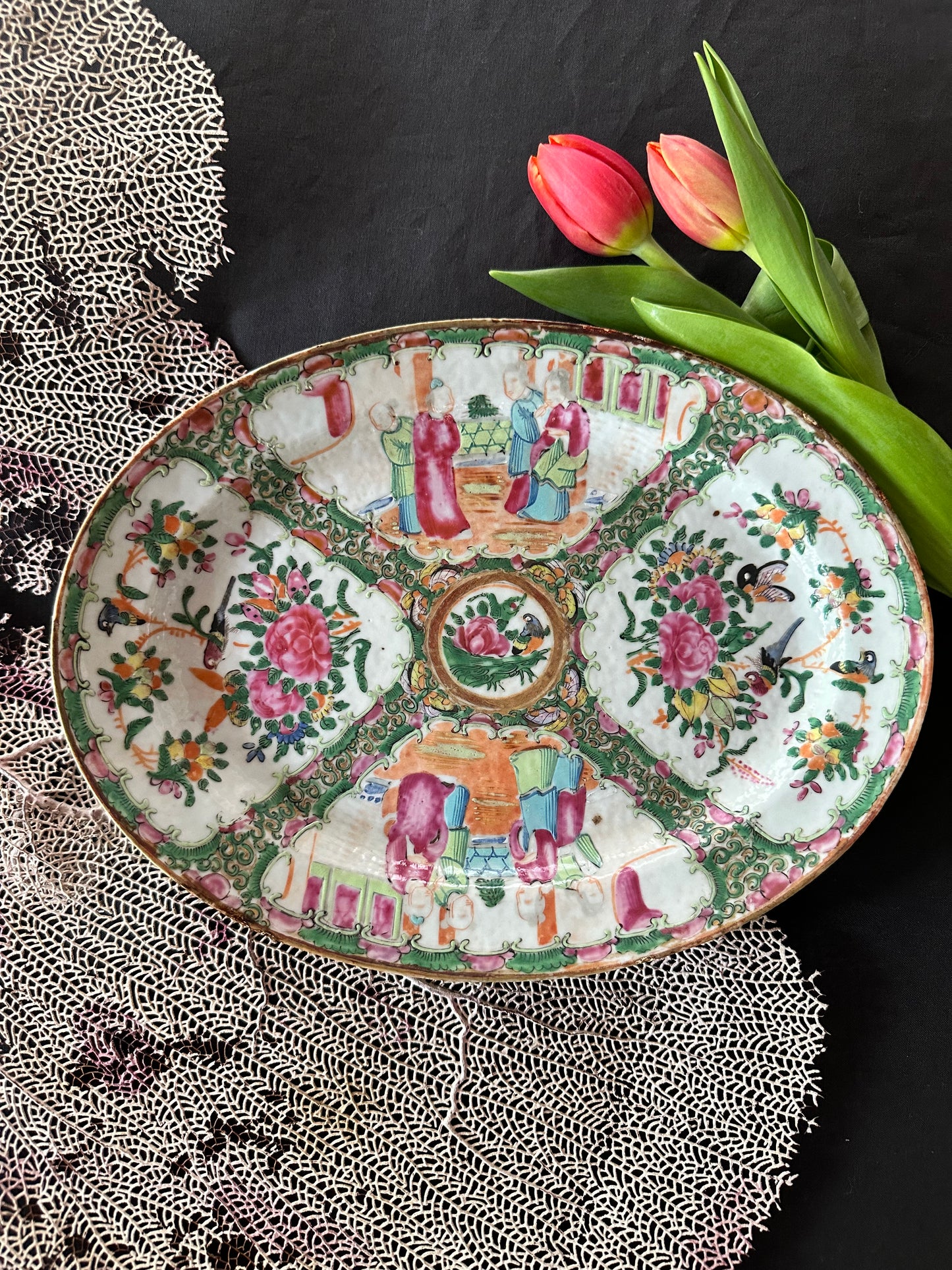 19th Century Antique Chinese Rose Medallion Oval Platter | 10.5" x 8"