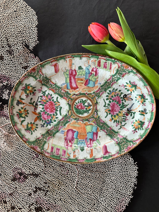 19th Century Antique Chinese Rose Medallion Oval Platter | 10.5" x 8"