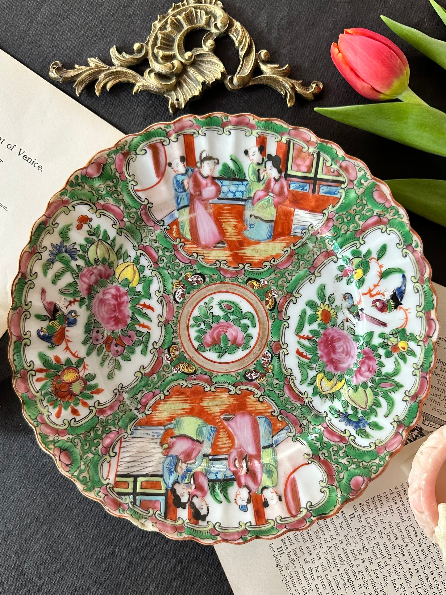 19th Century Antique Chinese Rose Medallion Scalloped Plates | 8.5" | 3 Available