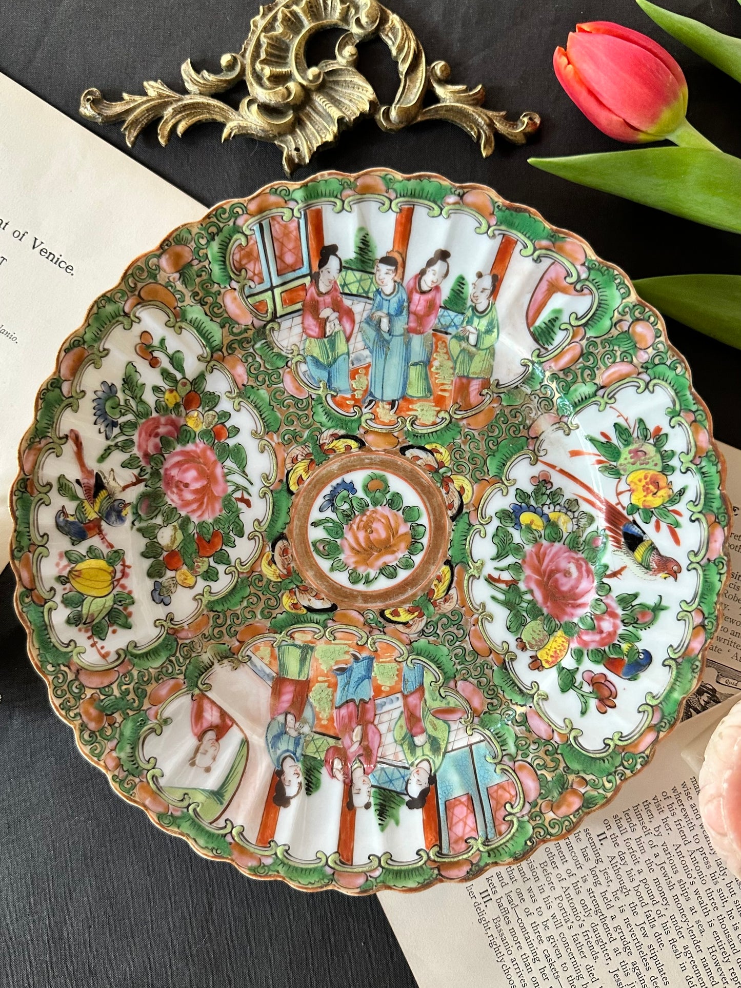 19th Century Antique Chinese Rose Medallion Scalloped Plates | 8.5" | 3 Available
