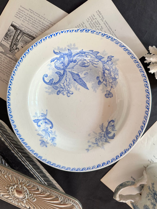 Antique French Terre de Fer Papillons Ironstone Serving Bowls | Blue Transferware - 8.75"