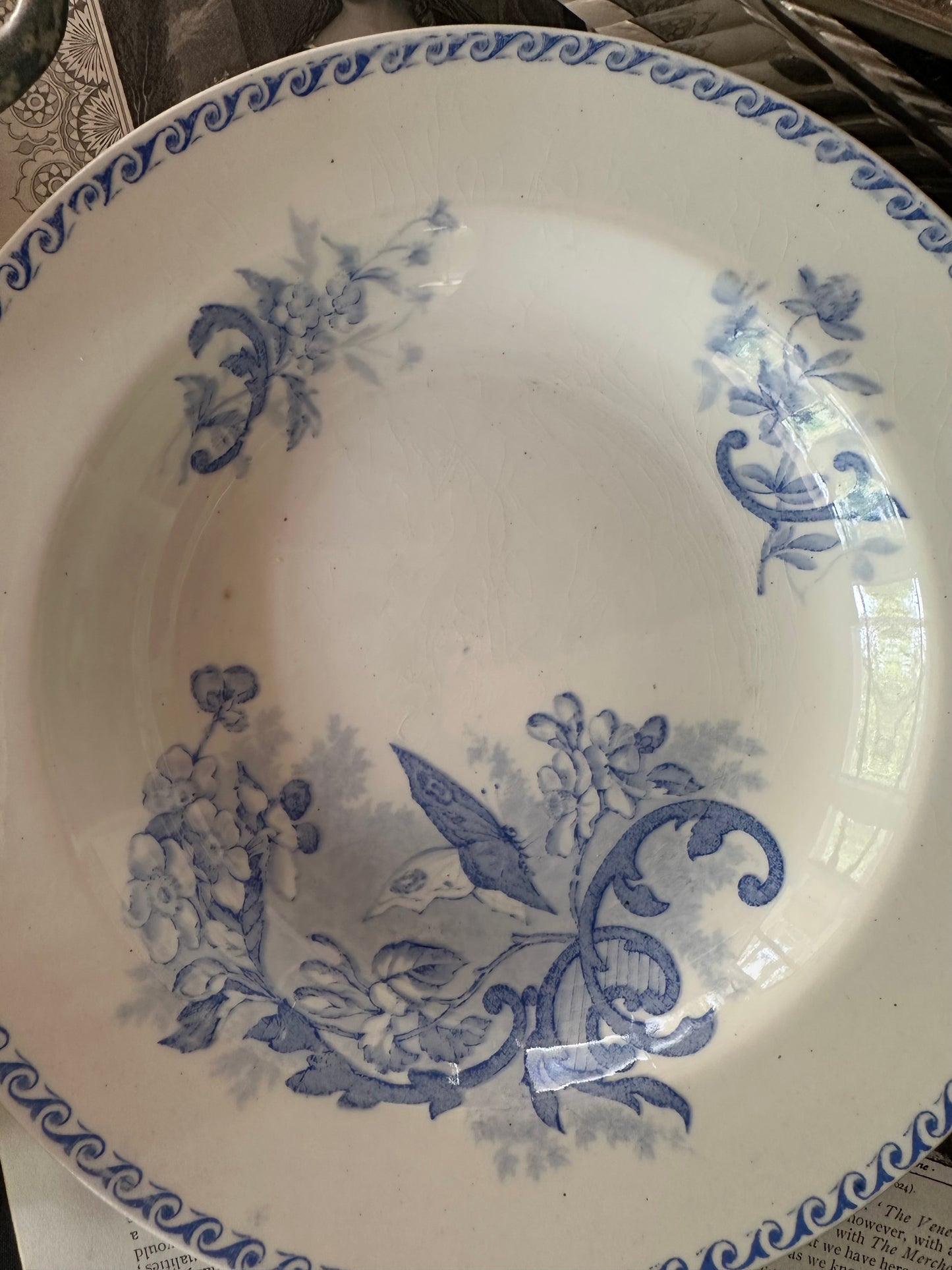 Antique French Terre de Fer Papillons Ironstone Serving Bowls | Blue Transferware - 8.75"