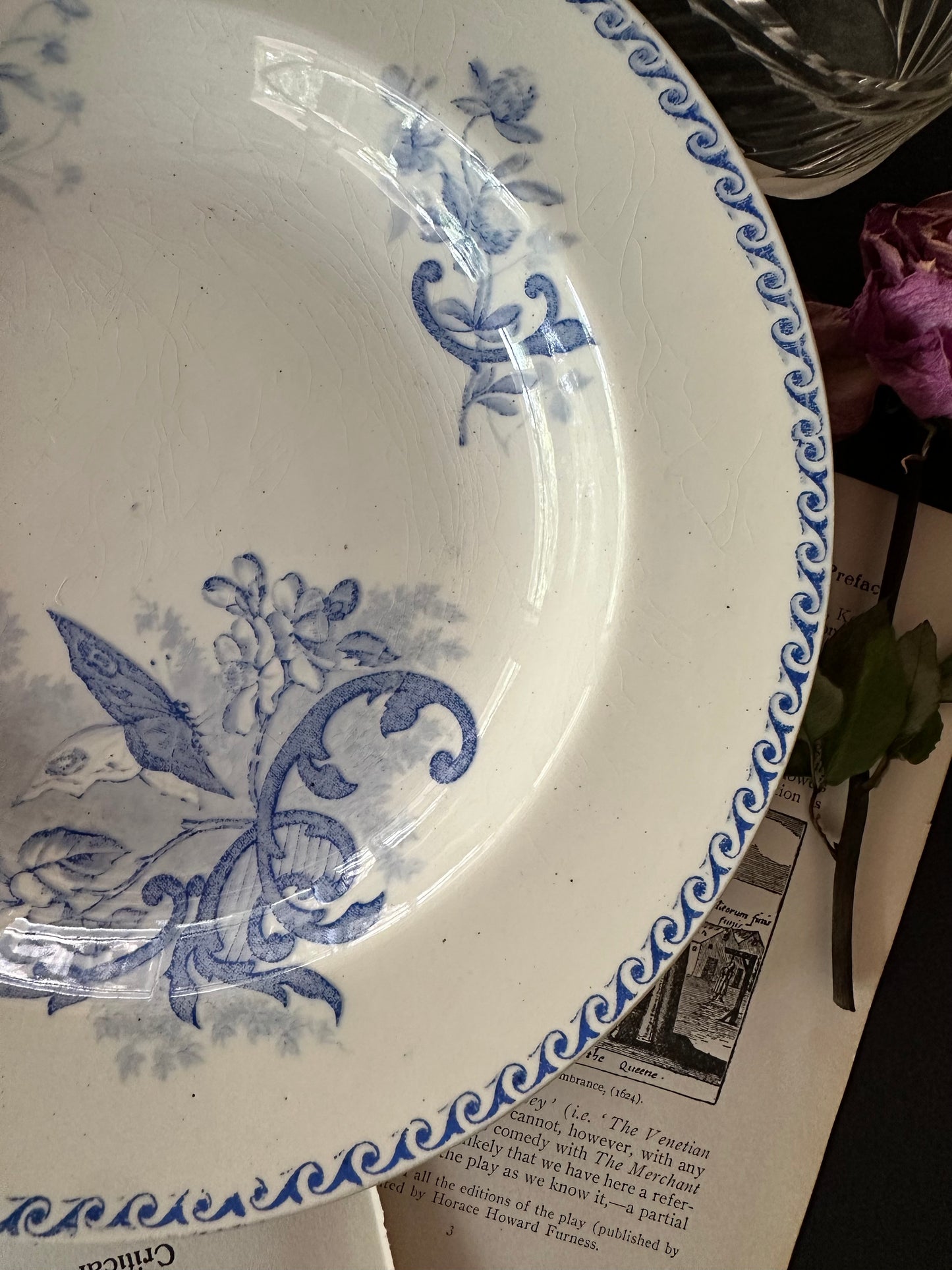 Antique French Terre de Fer Papillons Ironstone Serving Bowls | Blue Transferware - 8.75"