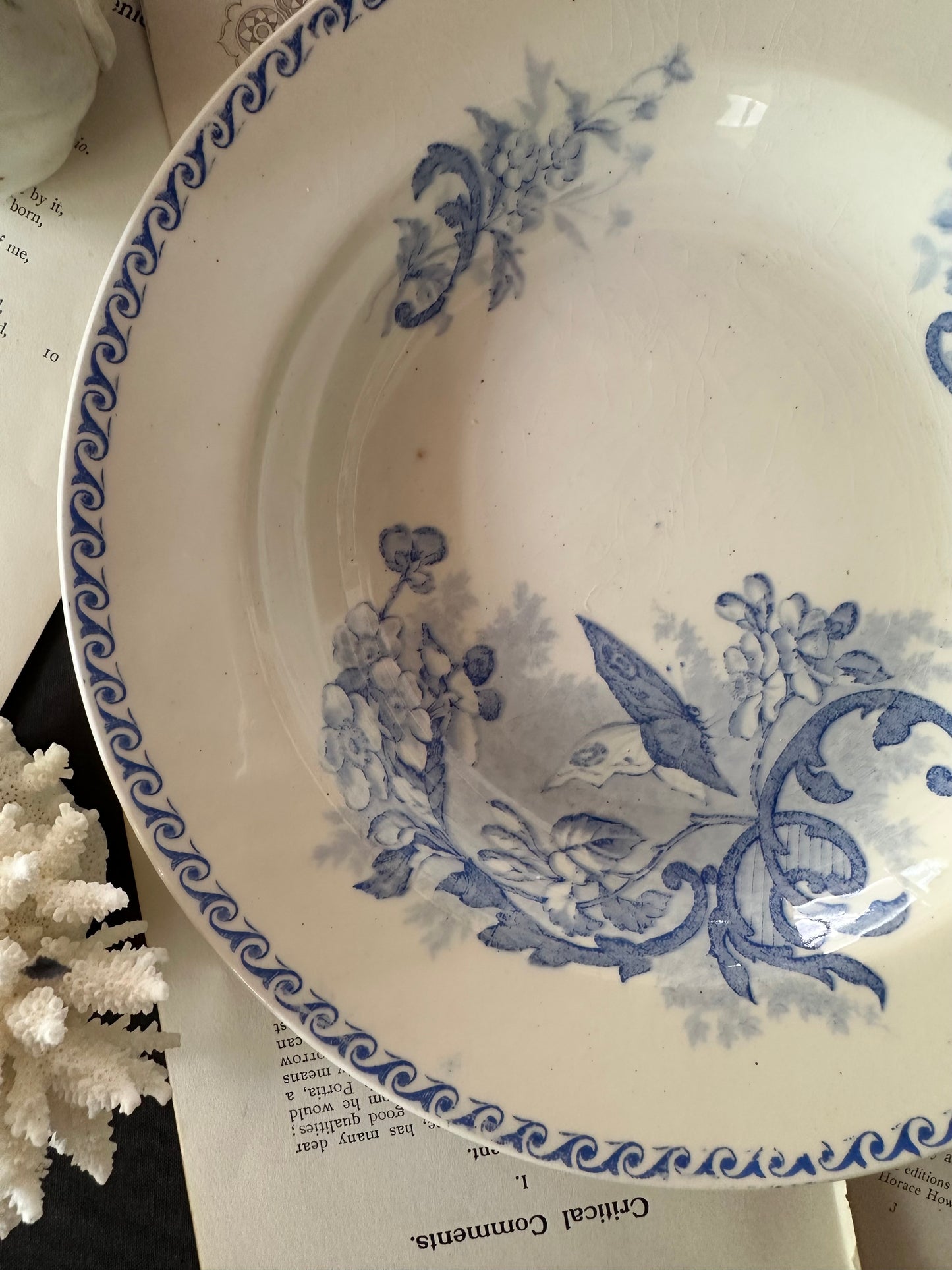 Antique French Terre de Fer Papillons Ironstone Serving Bowls | Blue Transferware - 8.75"