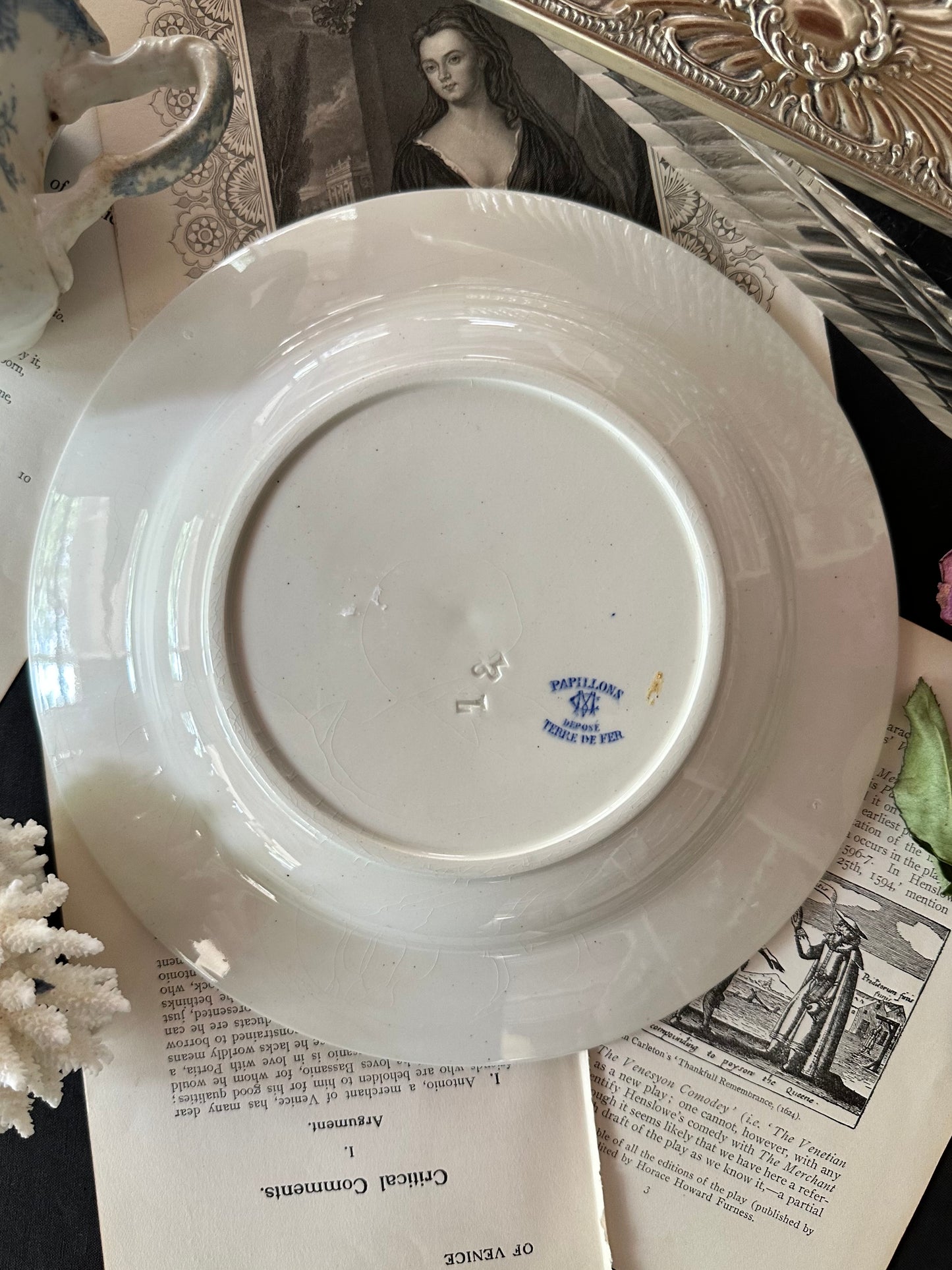 Antique French Terre de Fer Papillons Ironstone Serving Bowls | Blue Transferware - 8.75"