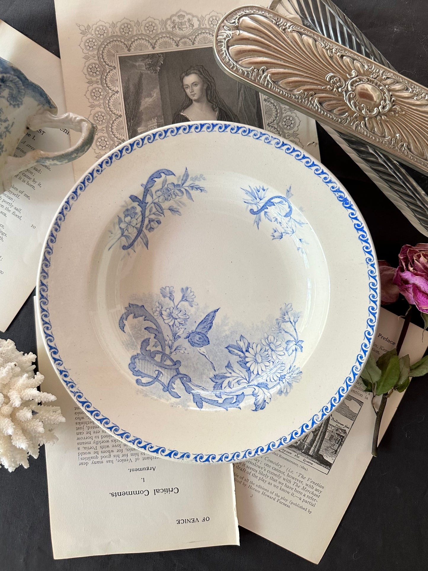Antique French Terre de Fer Papillons Ironstone Serving Bowls | Blue Transferware - 8.75"
