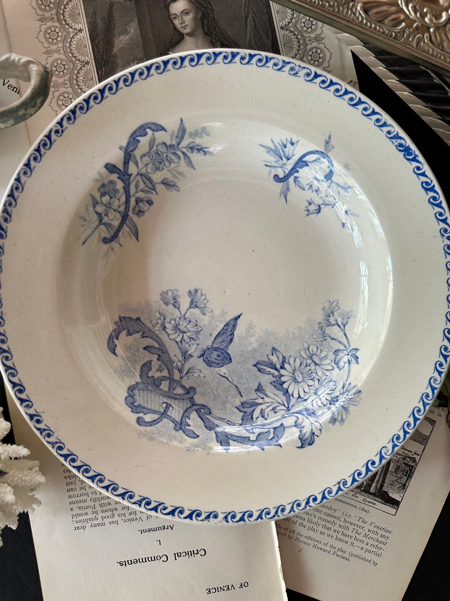 Antique French Terre de Fer Papillons Ironstone Serving Bowls | Blue Transferware - 8.75"