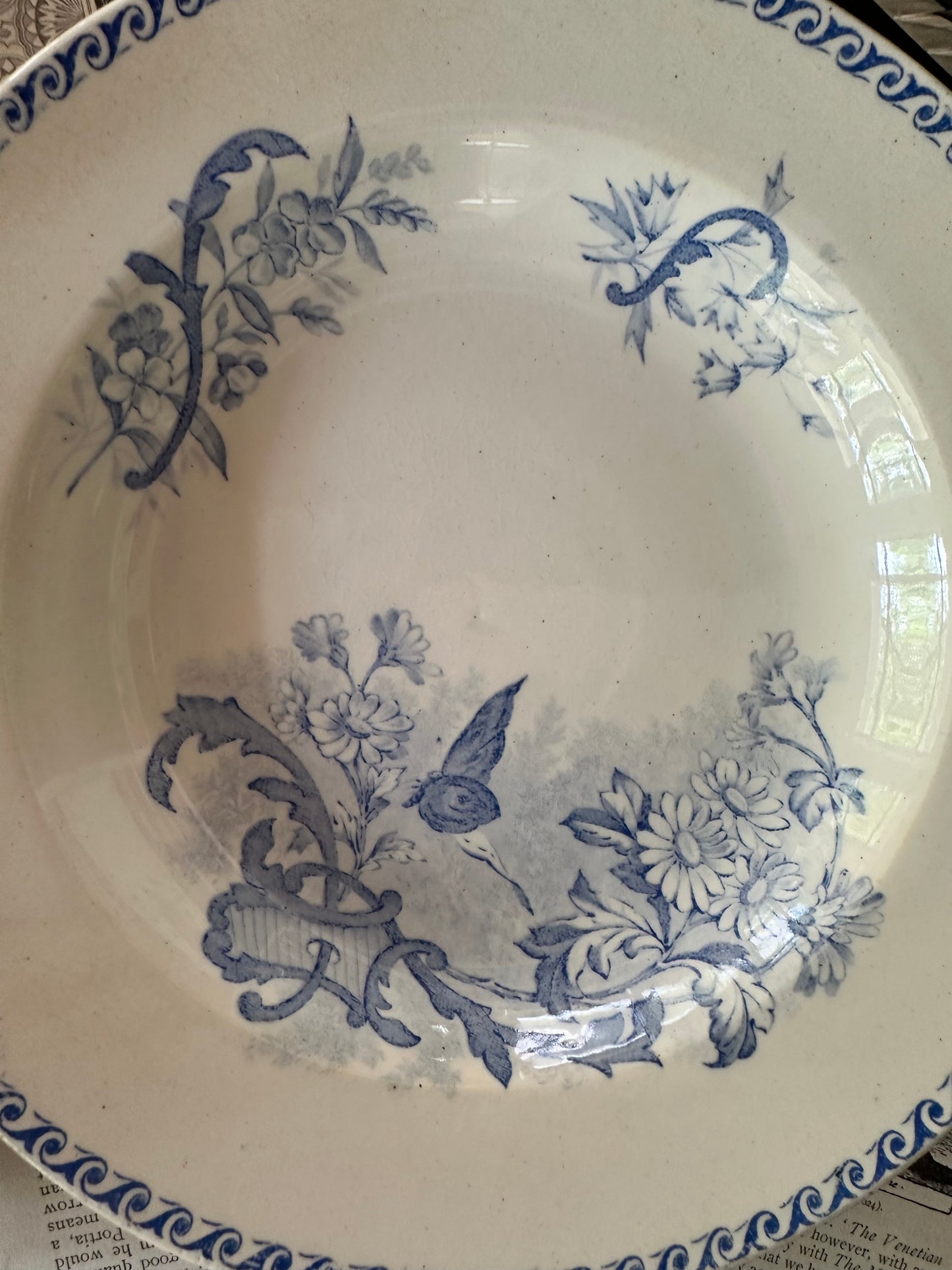 Antique French Terre de Fer Papillons Ironstone Serving Bowls | Blue Transferware - 8.75"