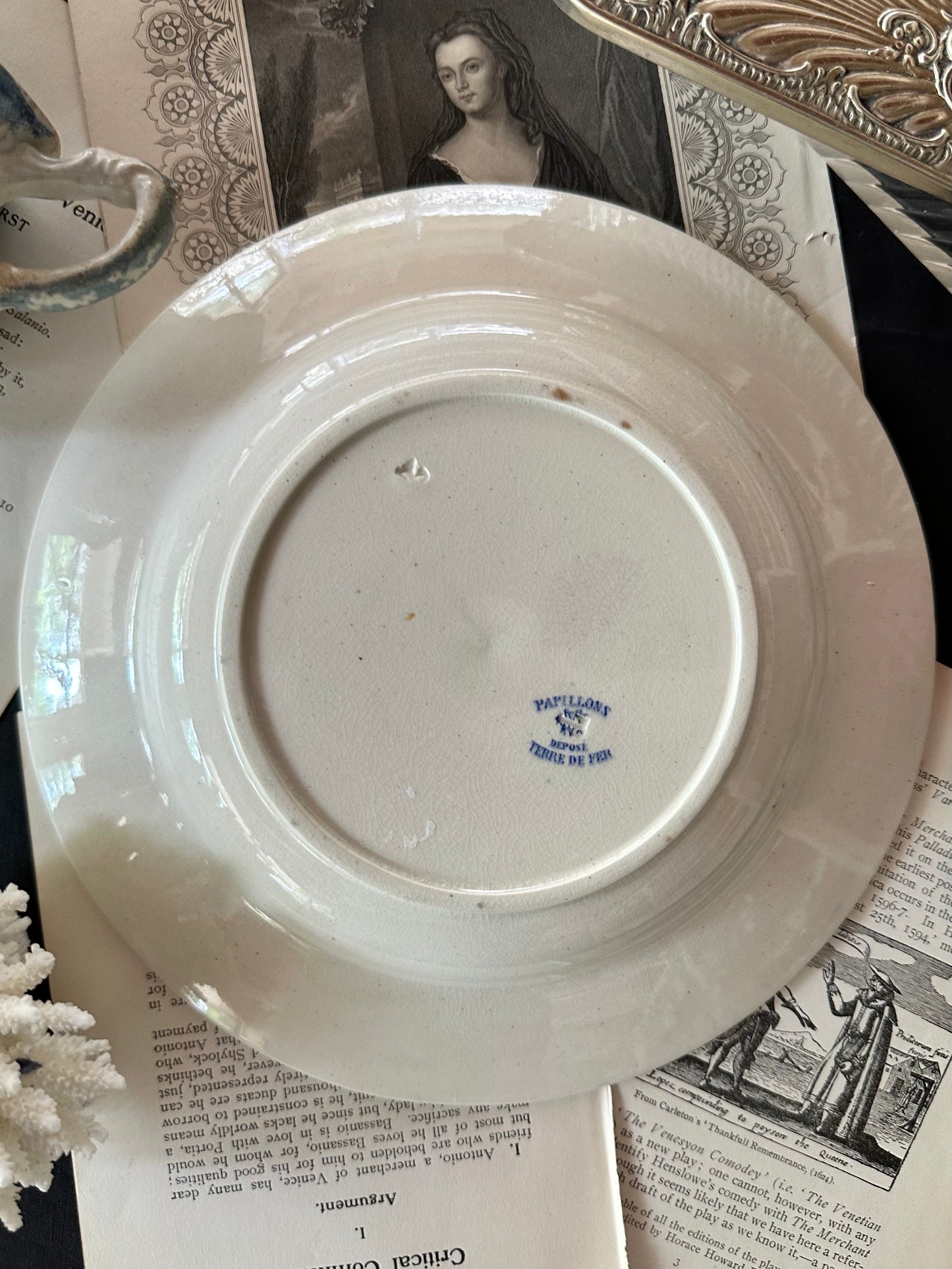 Antique French Terre de Fer Papillons Ironstone Serving Bowls | Blue Transferware - 8.75"