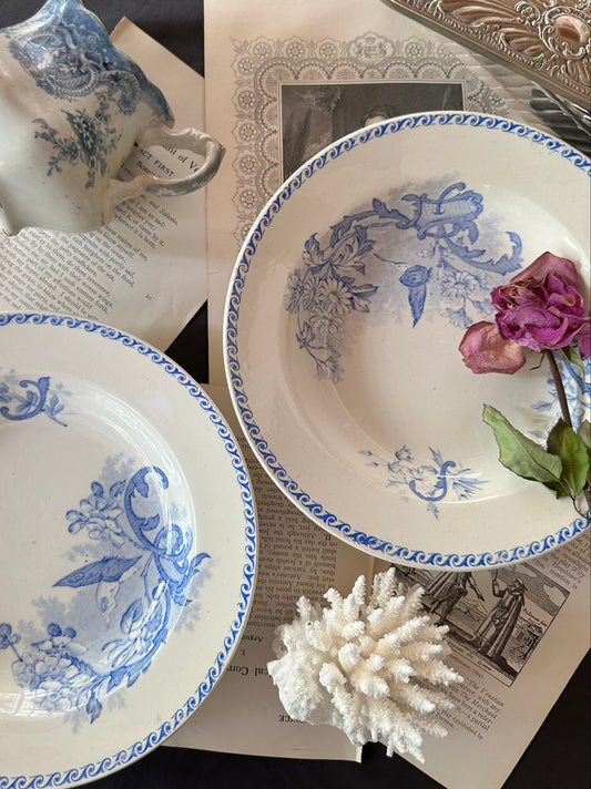 Antique French Terre de Fer Papillons Ironstone Serving Bowls | Blue Transferware - 8.75"