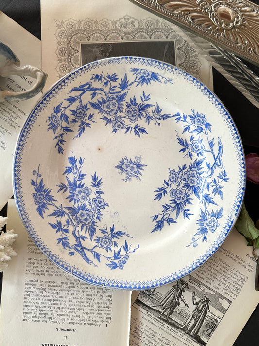 Antique French Terre de Fer Grigny Blue Transferware Plate 9" | c. 1880–1900