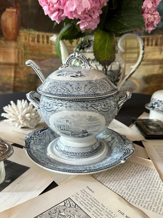 Antique Copeland Blue Transferware Tureen Set Circa 1870s