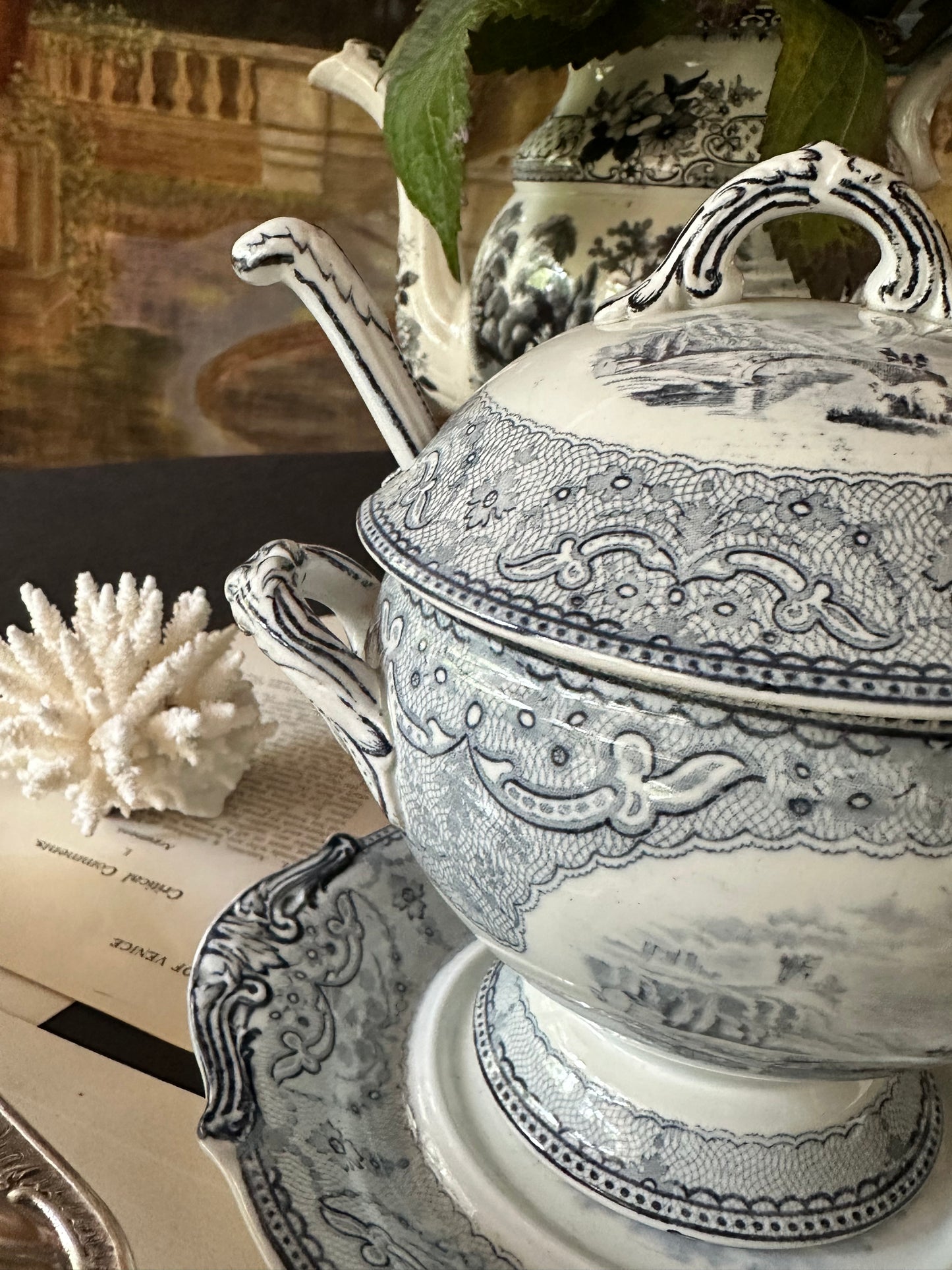 Antique Copeland Blue Transferware Tureen Set Circa 1870s