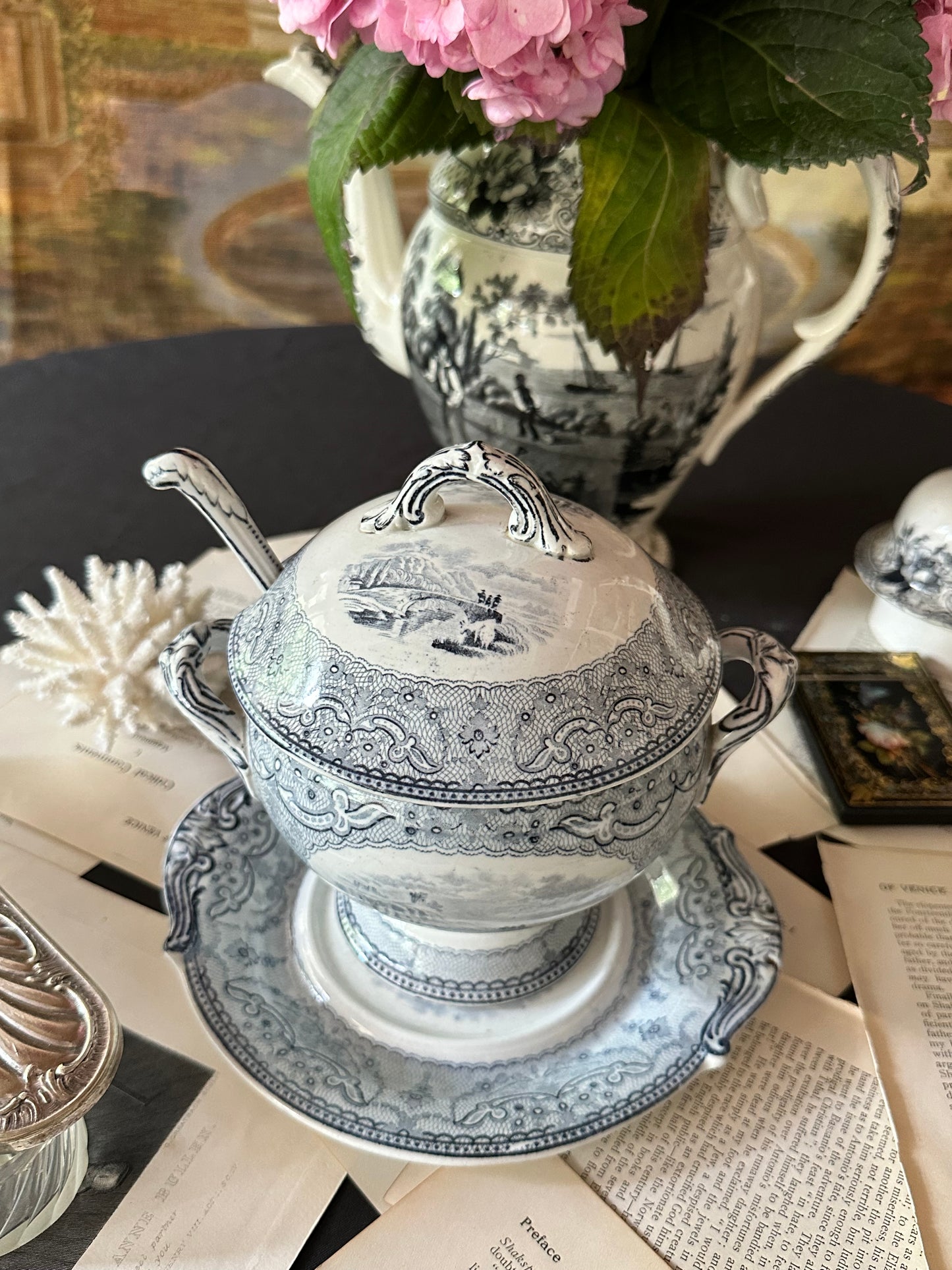 Antique Copeland Blue Transferware Tureen Set Circa 1870s