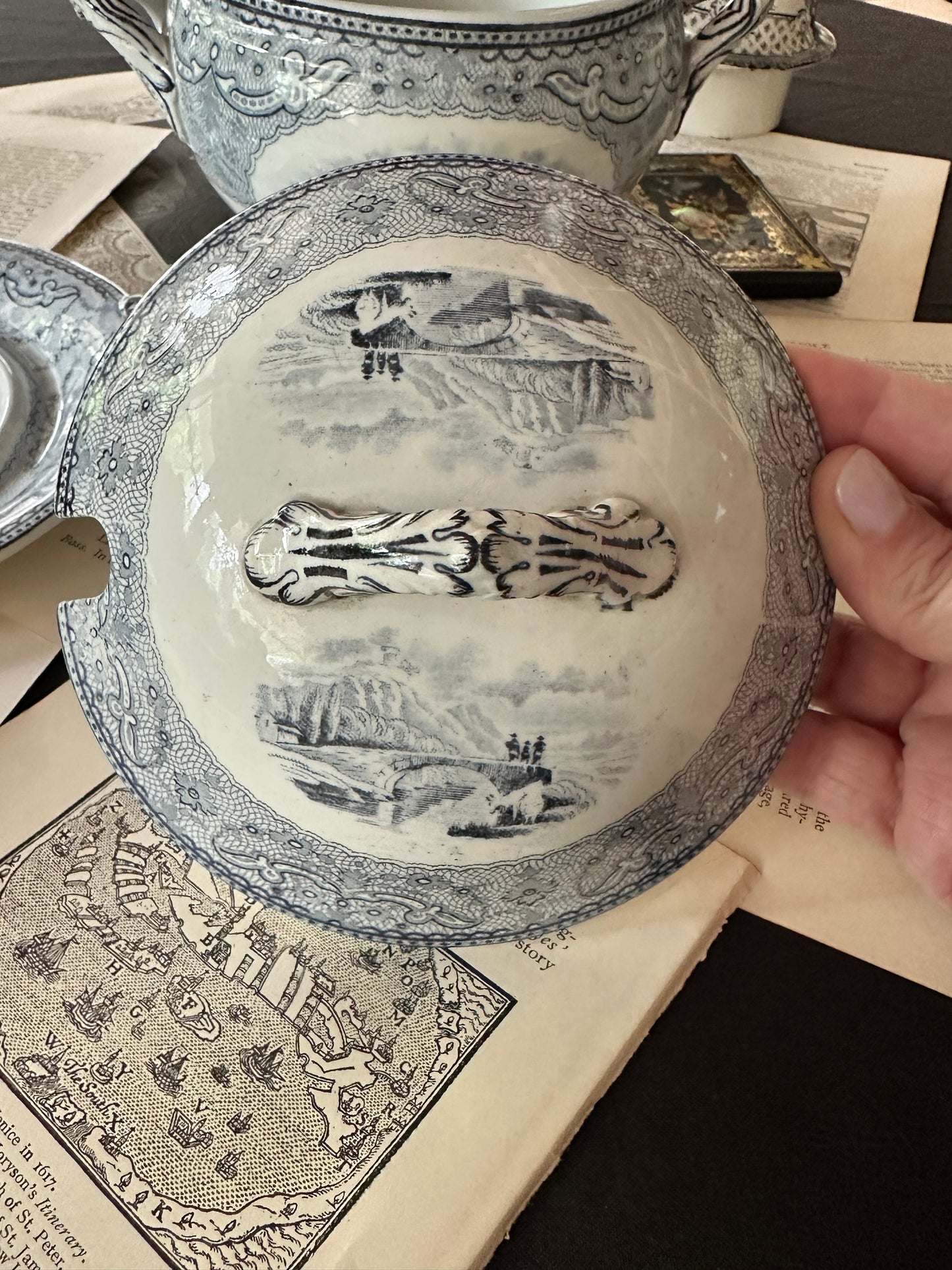 Antique Copeland Blue Transferware Tureen Set Circa 1870s