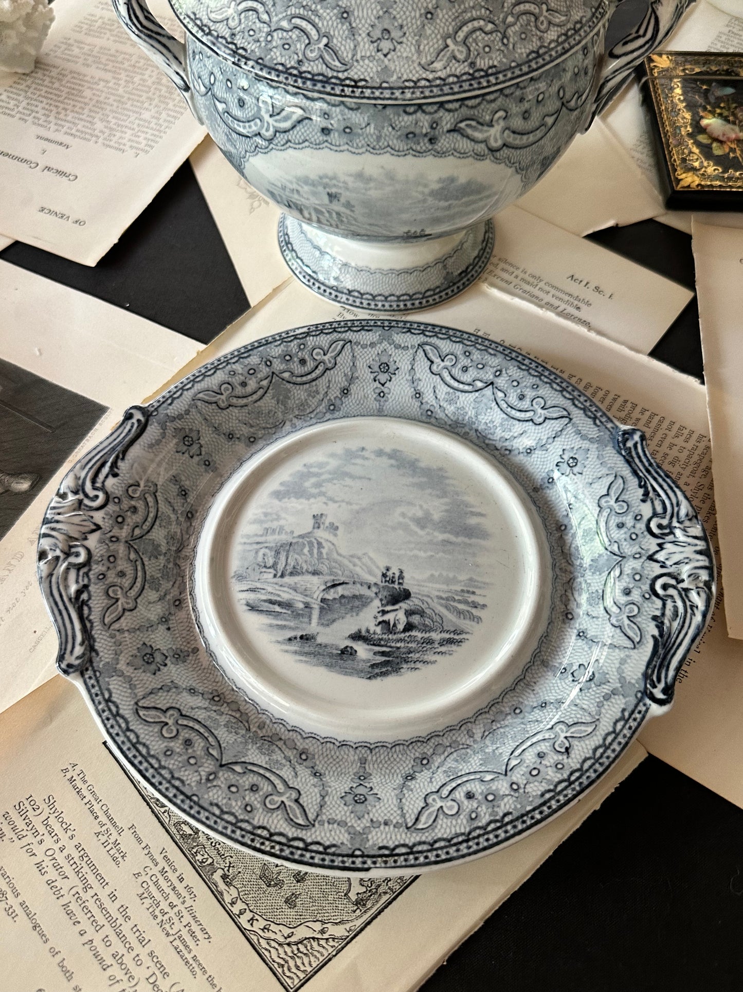 Antique Copeland Blue Transferware Tureen Set Circa 1870s