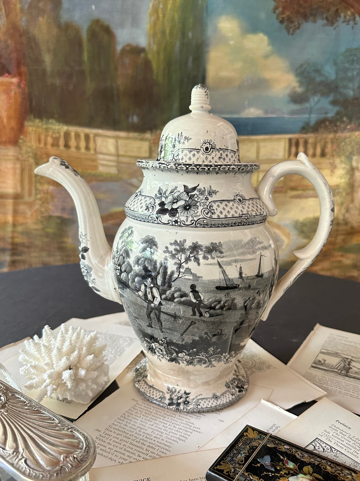 Circa 1930 Antique Davenport "Industry Need Not Wish" Franklin's Morals Black Transferware Coffee Pot