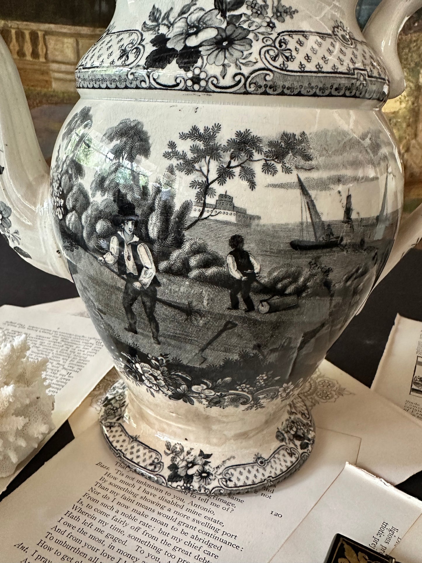 Circa 1930 Antique Davenport "Industry Need Not Wish" Franklin's Morals Black Transferware Coffee Pot