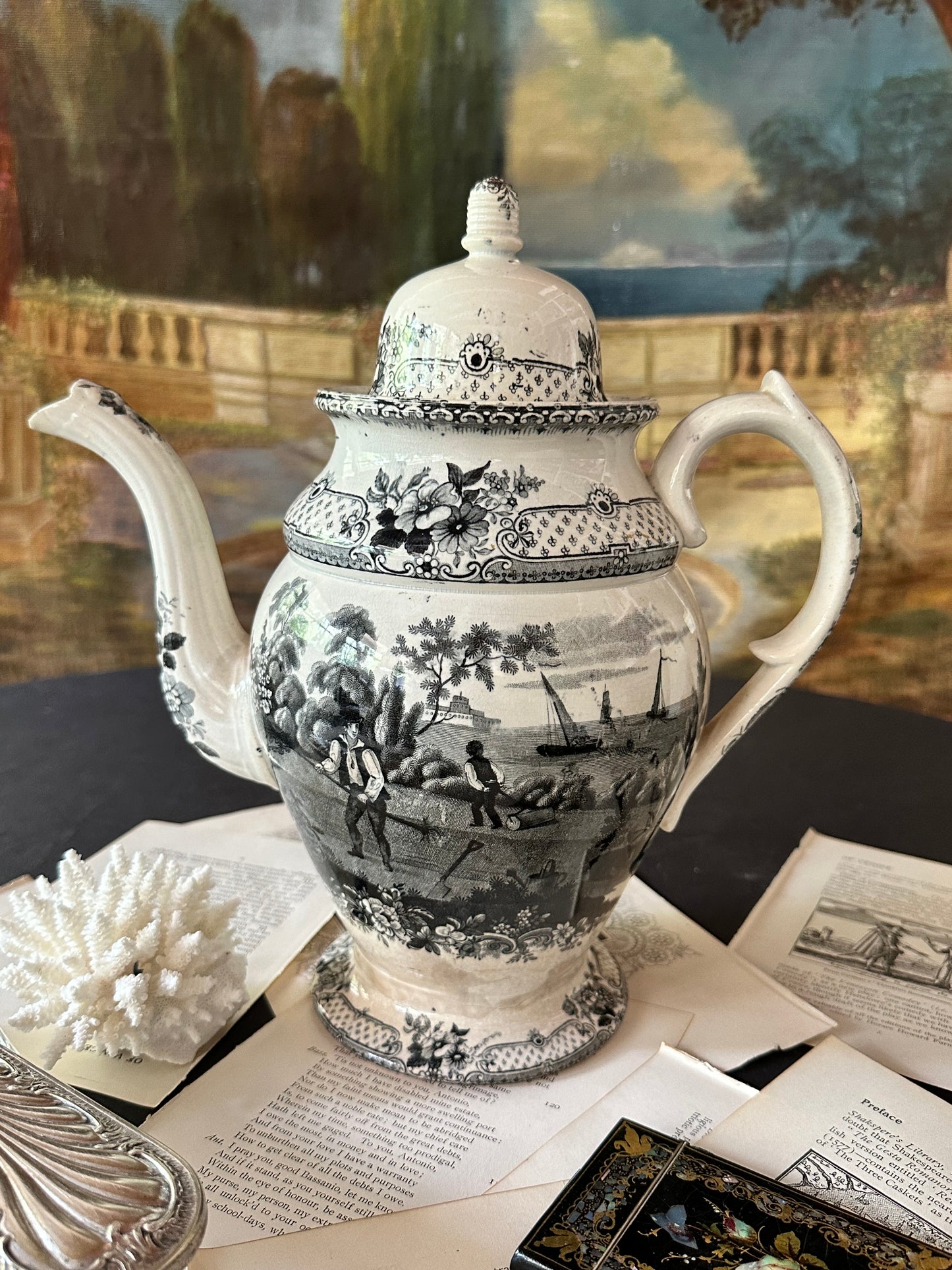 Circa 1930 Antique Davenport "Industry Need Not Wish" Franklin's Morals Black Transferware Coffee Pot