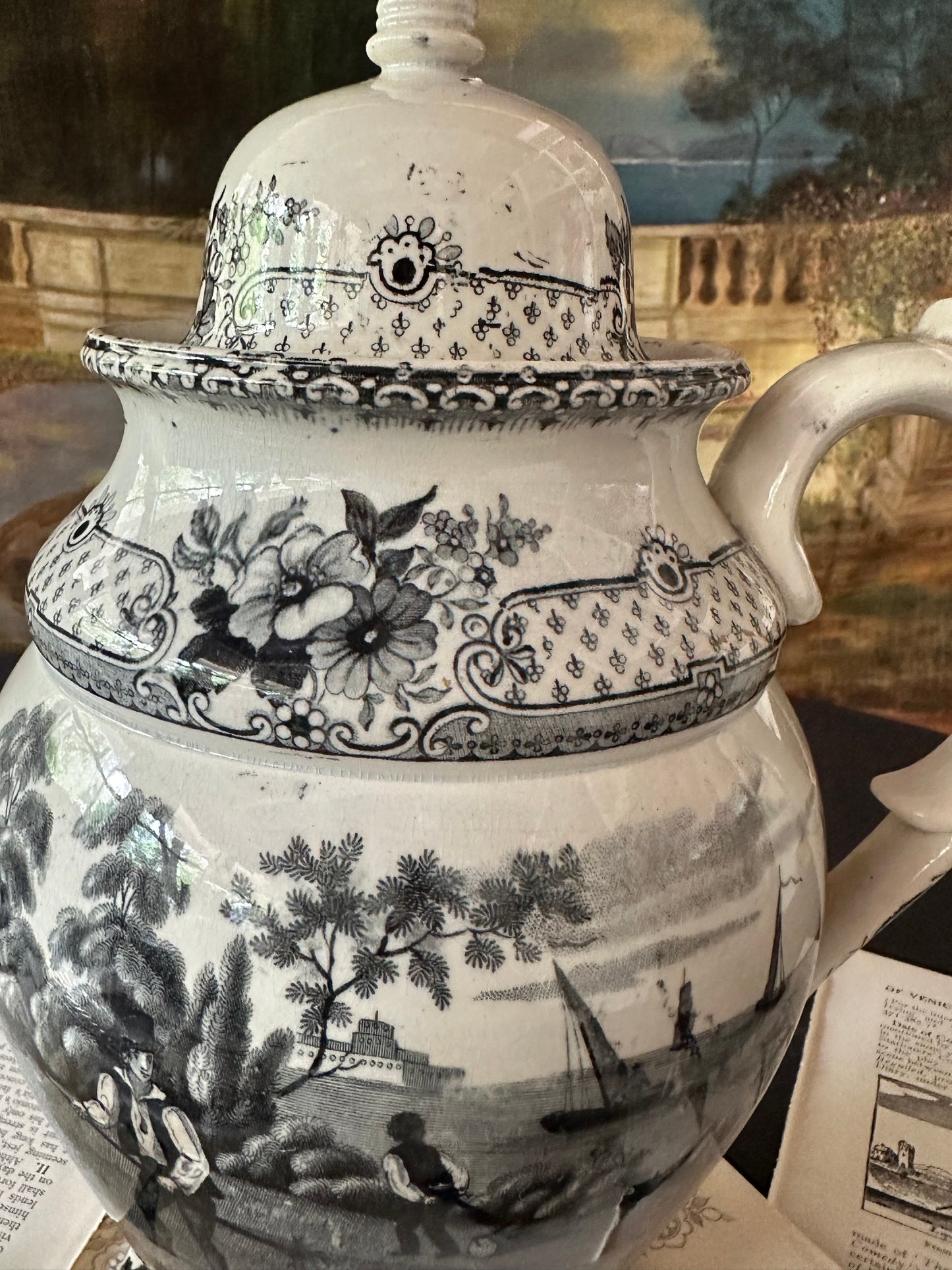 Circa 1930 Antique Davenport "Industry Need Not Wish" Franklin's Morals Black Transferware Coffee Pot