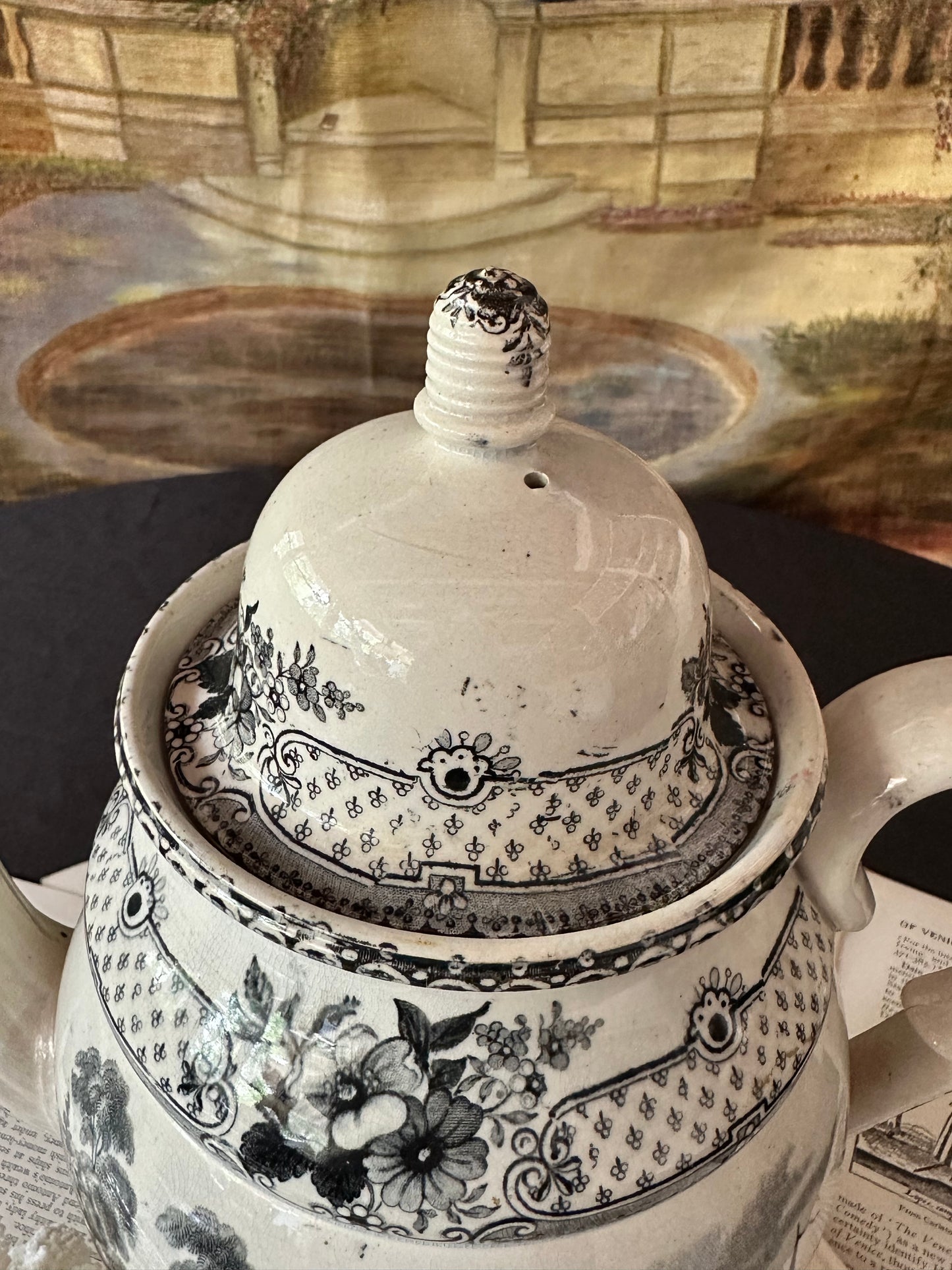 Circa 1930 Antique Davenport "Industry Need Not Wish" Franklin's Morals Black Transferware Coffee Pot