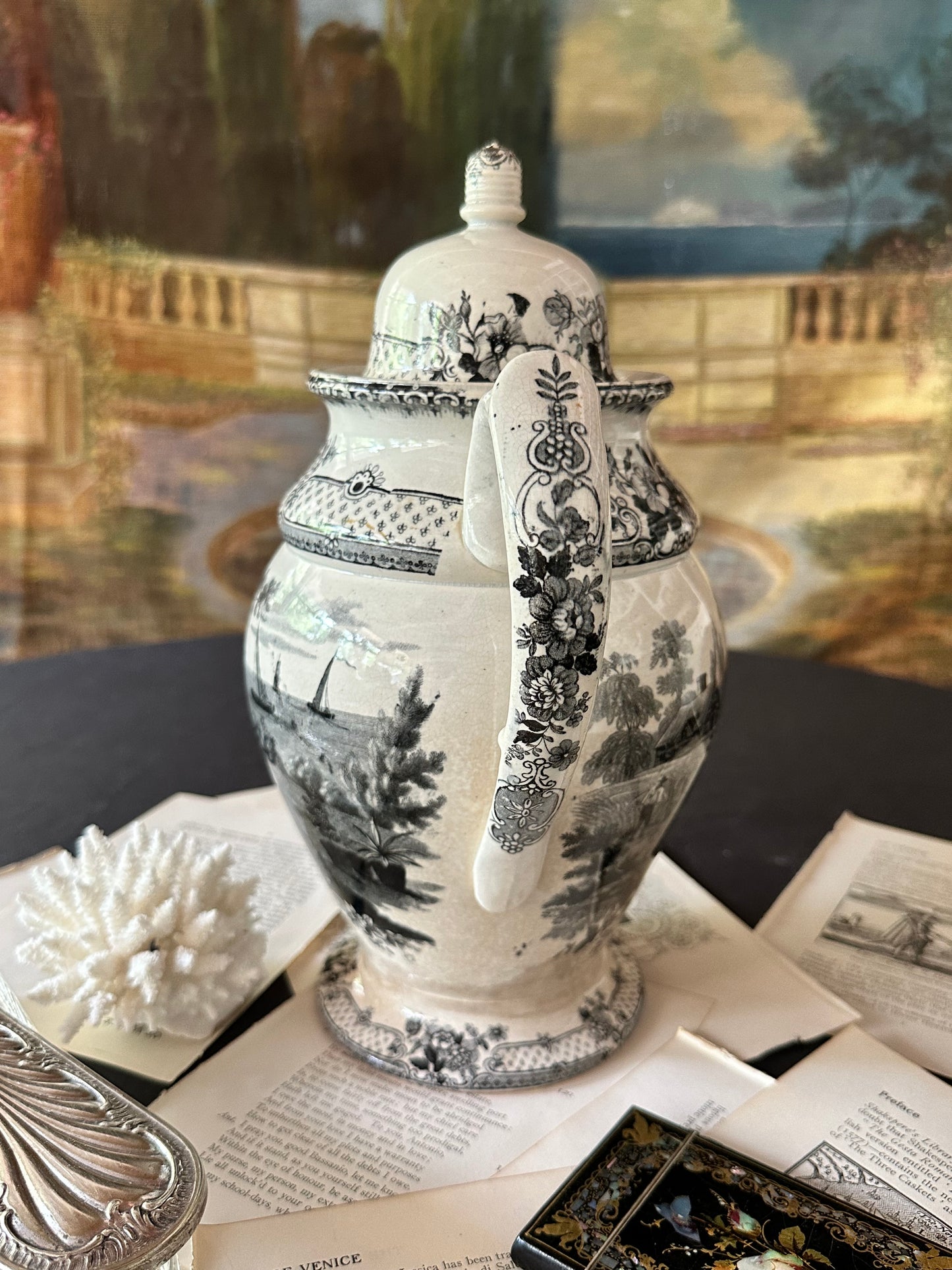 Circa 1930 Antique Davenport "Industry Need Not Wish" Franklin's Morals Black Transferware Coffee Pot