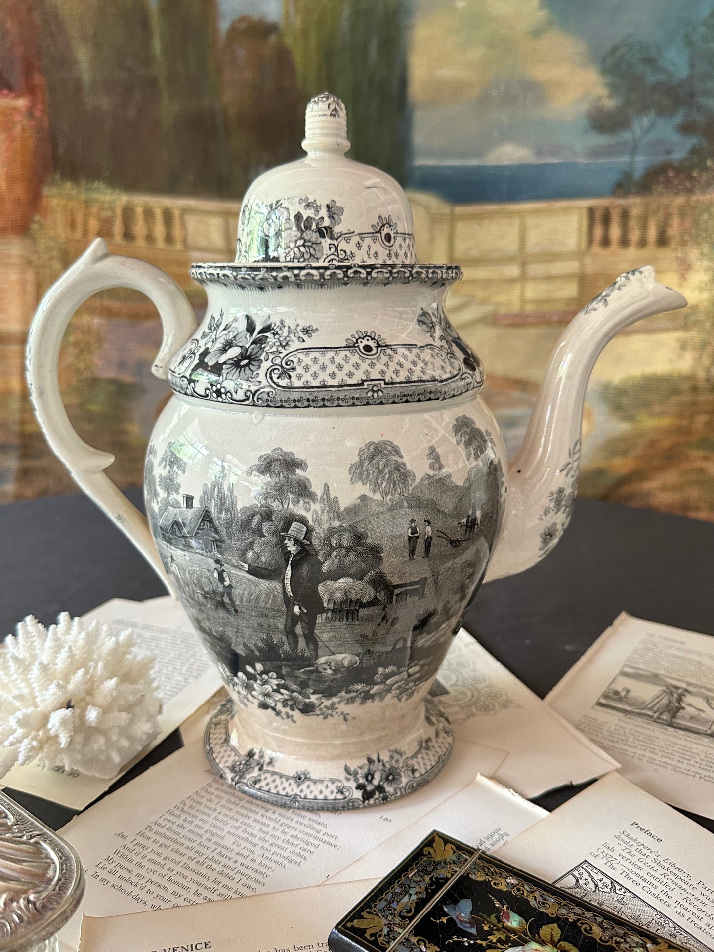 Circa 1930 Antique Davenport "Industry Need Not Wish" Franklin's Morals Black Transferware Coffee Pot