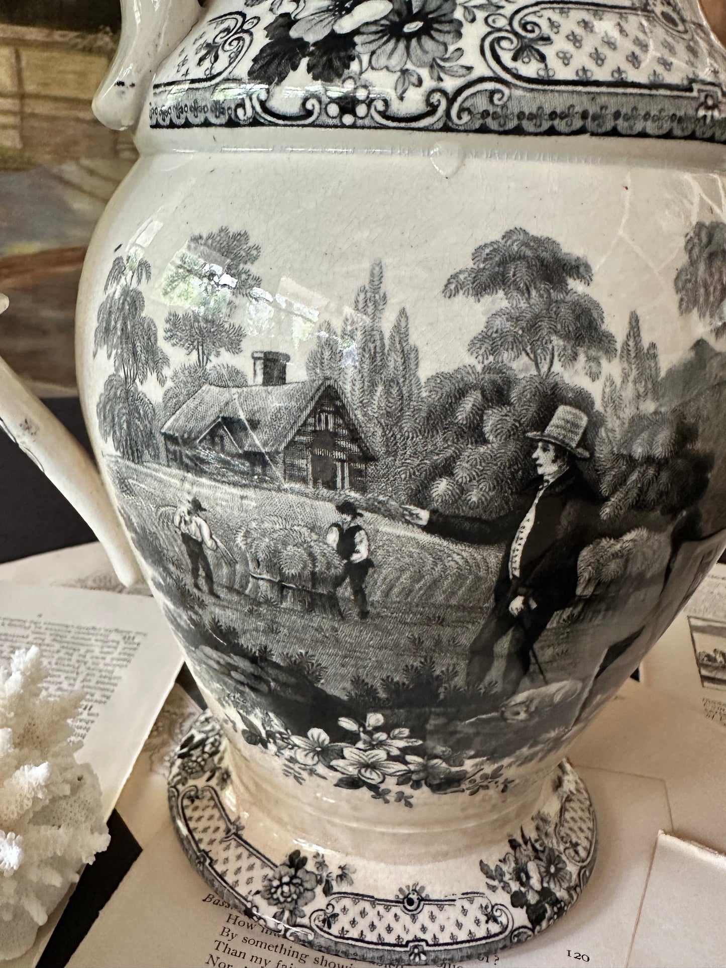 Circa 1930 Antique Davenport "Industry Need Not Wish" Franklin's Morals Black Transferware Coffee Pot