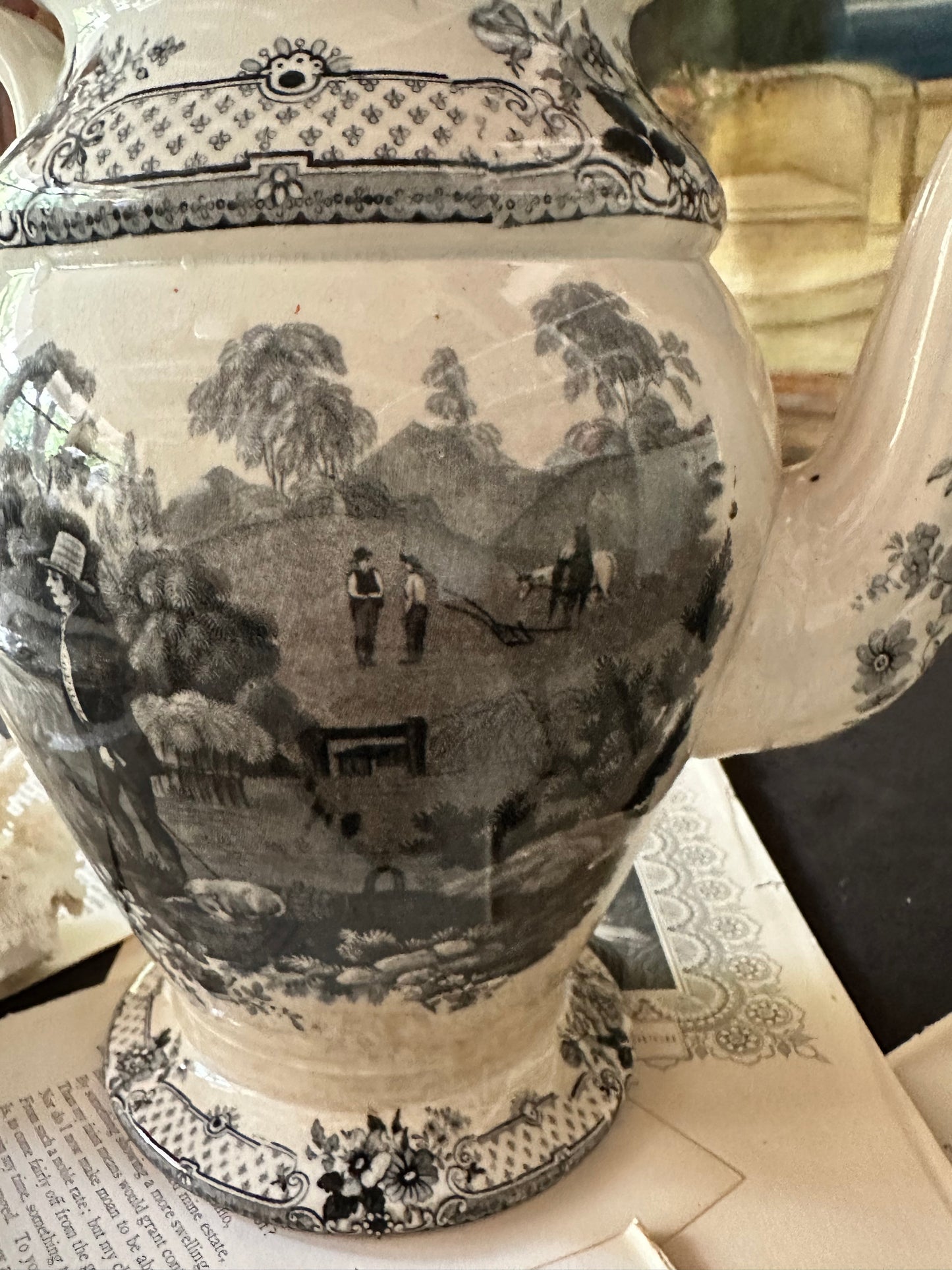 Circa 1930 Antique Davenport "Industry Need Not Wish" Franklin's Morals Black Transferware Coffee Pot