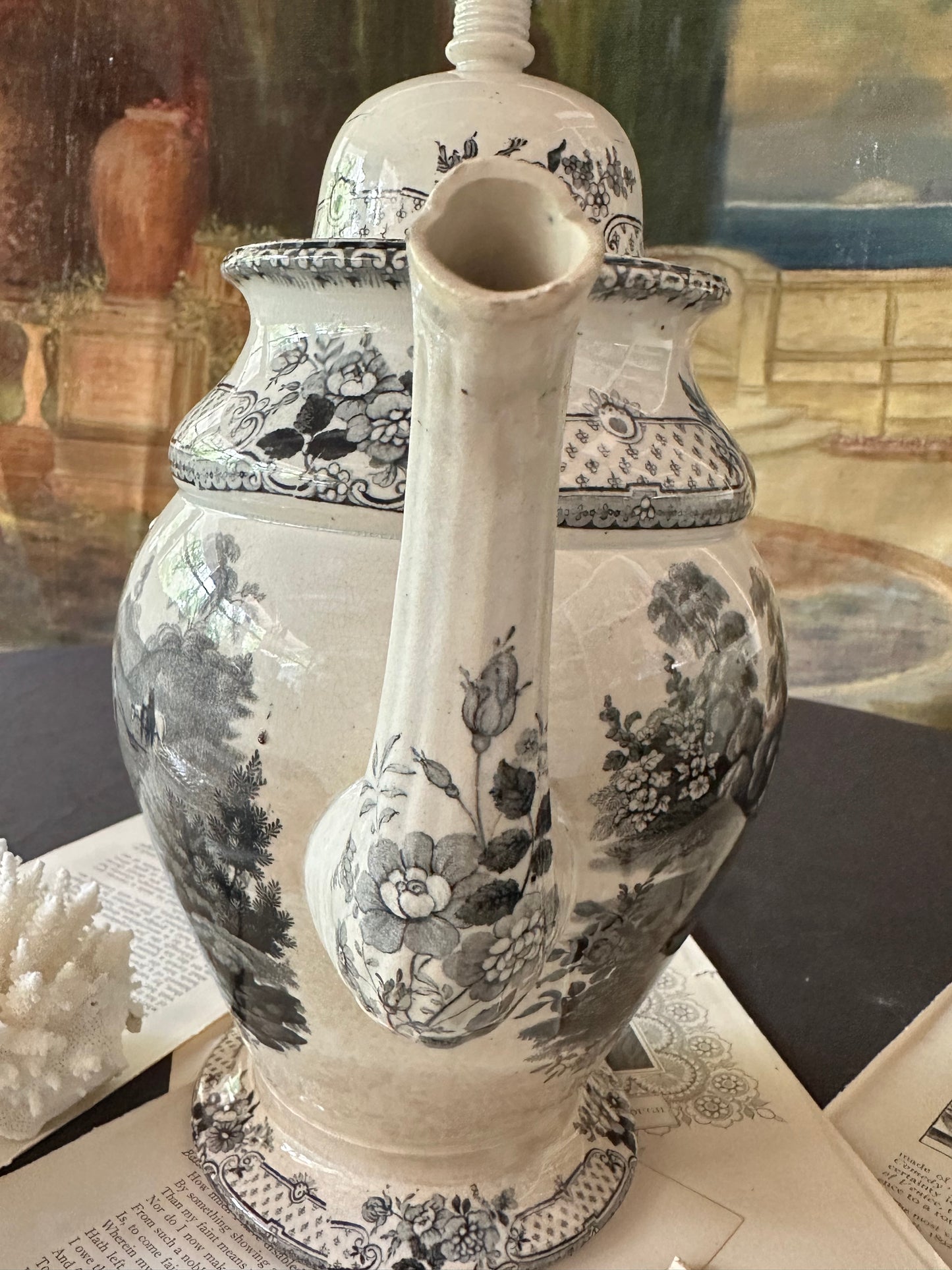 Circa 1930 Antique Davenport "Industry Need Not Wish" Franklin's Morals Black Transferware Coffee Pot