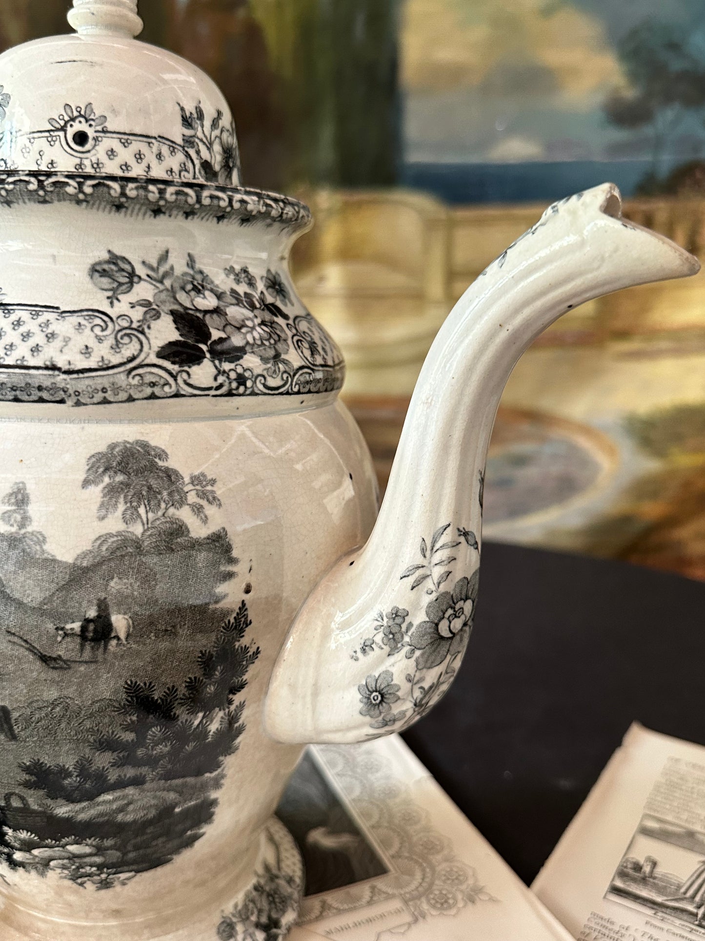 Circa 1930 Antique Davenport "Industry Need Not Wish" Franklin's Morals Black Transferware Coffee Pot