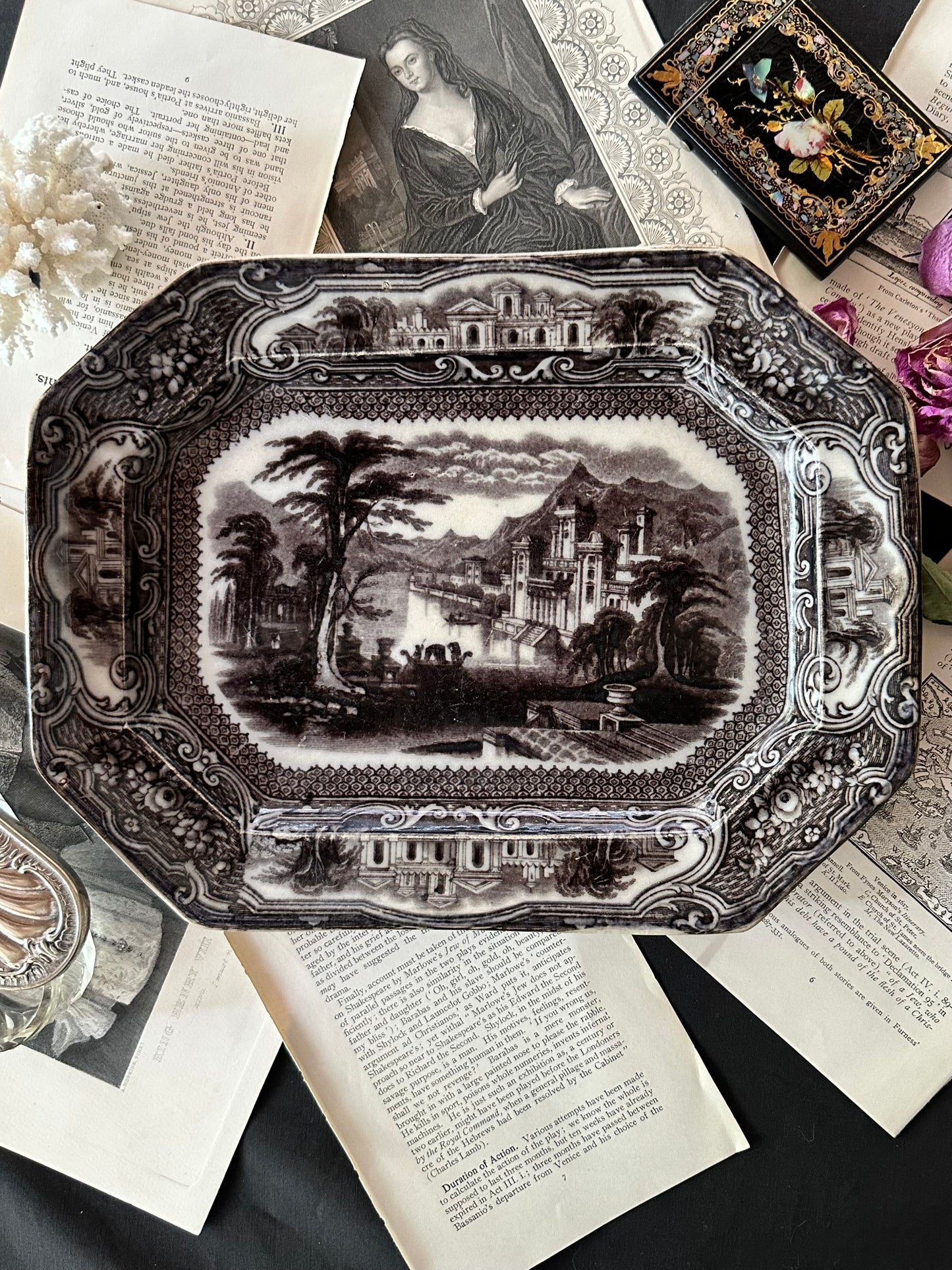 Antique T. Walker Tavoy Flow Black Transferware Platter