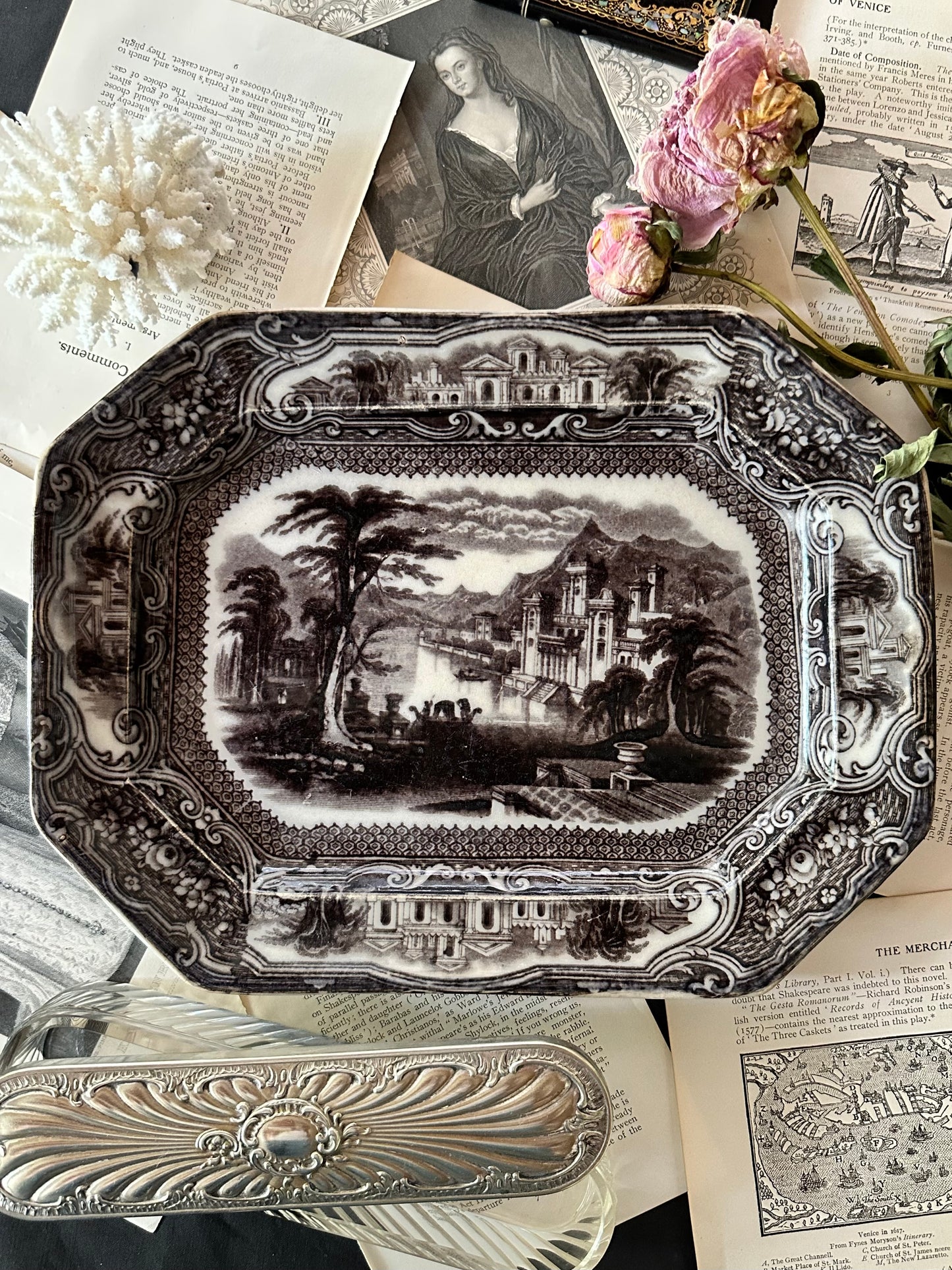 Antique T. Walker Tavoy Flow Black Transferware Platter
