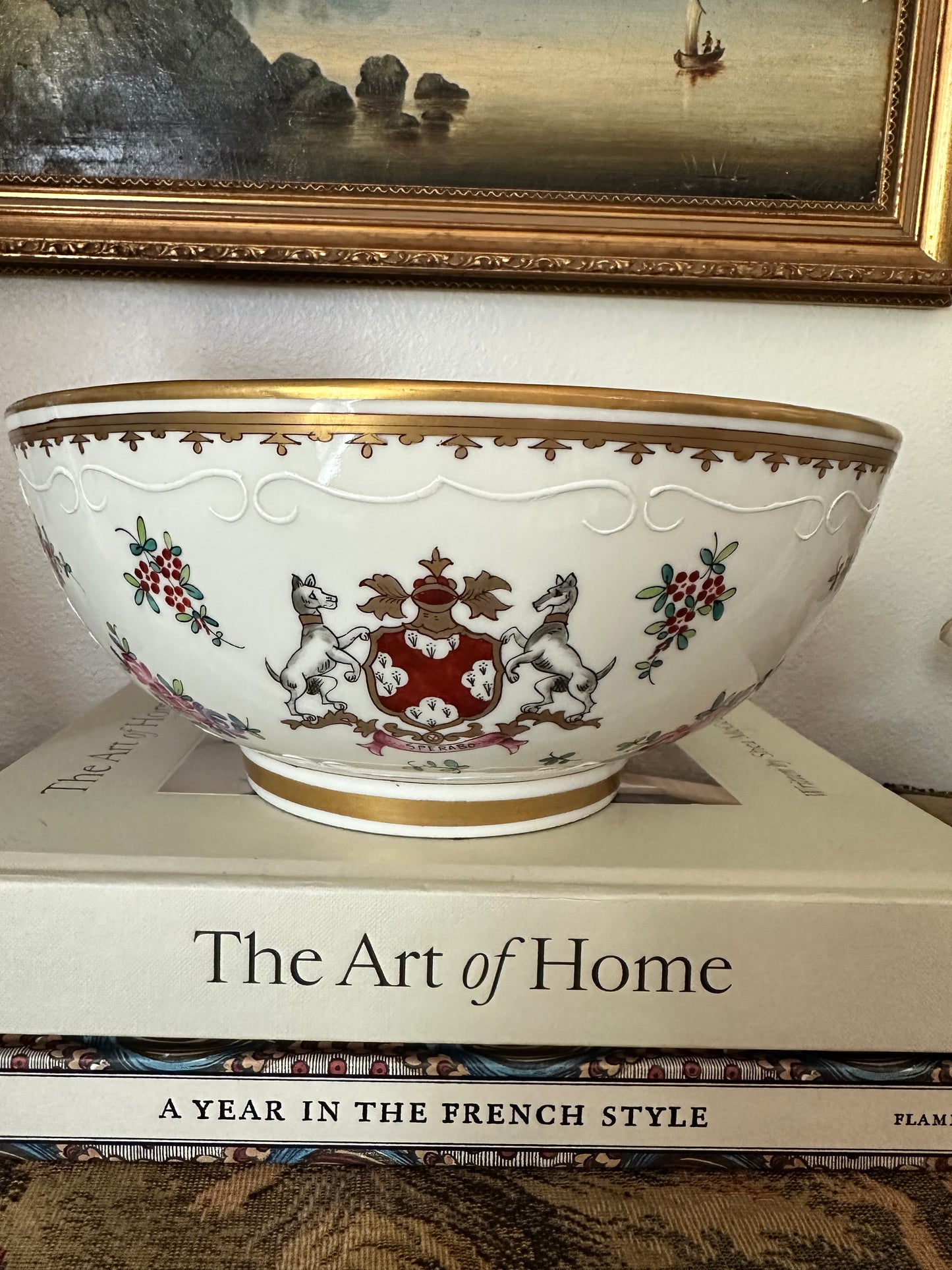 Early 20th Century Porcelaine de Paris Armorial Centerpiece Bowl | SPERABO Crest | Chinese Export Revival